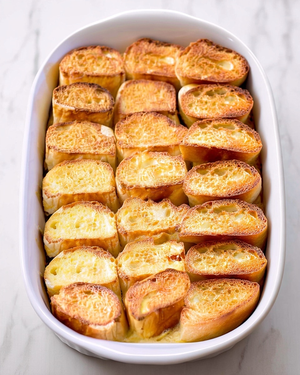 The image shows a white ceramic dish filled with multiple slices of a layered dessert or casserole. Each piece has three clear layers: on top, a golden-brown toasted bread slice with a slightly rough texture; the middle layer is creamy and pale yellow, with a smooth texture; the bottom layer is a darker, fudgy or syrupy base that looks moist and dense. A metal spatula lifts one piece, showing the thickness and the distinct layers vividly. The dish is placed on a white marbled surface. Photo taken with an iphone --ar 4:5 --v 7