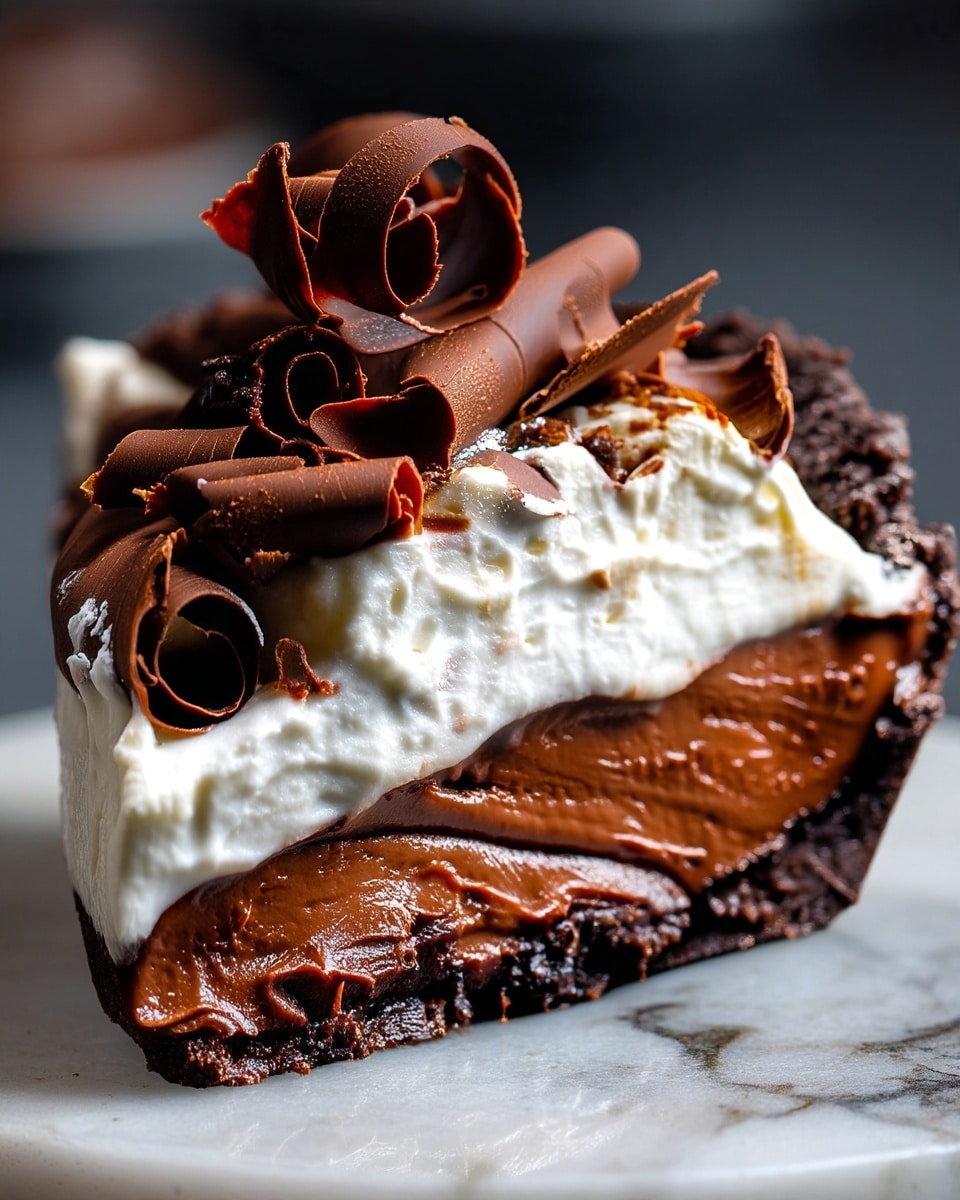 The image shows a three-layer dessert in a white bowl with an edge visible. The bottom layer is dark and looks like a thick, smooth chocolate base. Above that is a thick layer of light brown chocolate mousse with a creamy texture. The top layer is a thick, fluffy white cream with a soft texture. On top of the cream, there are many dark brown chocolate curls arranged irregularly, with some curls rolled tightly and some loosely. The background is dark, making the dessert colors stand out. photo taken with an iphone --ar 4:5 --v 7