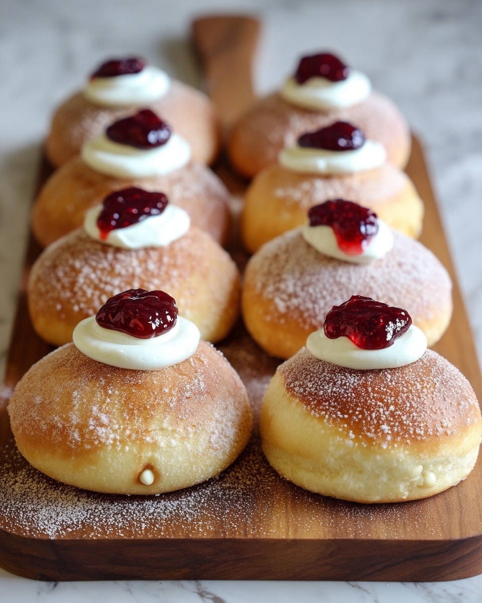 There are six round golden buns arranged in two rows on a wooden board. Each bun has a light dusting of sugar on top, a small dollop of white cream, and a spoonful of red jam placed on the cream. The buns are puffy with a soft texture. The background is a white marbled texture. photo taken with an iphone --ar 4:5 --v 7
