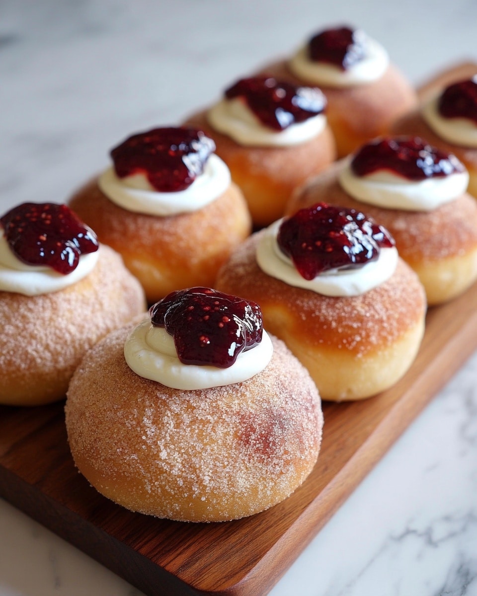 The image shows a wooden board with eight round buns arranged in two rows. Each bun has a light golden brown color with a sugar coating that gives a slightly rough texture on the surface. On top of each bun, there is a dollop of white cream in the center, crowned with a smaller spoonful of dark red berry jam that looks glossy and thick. The buns are slightly puffed and have a soft, smooth appearance aside from the sugar layer. The background is a white marbled texture, giving a clean and simple setting. photo taken with an iphone --ar 4:5 --v 7