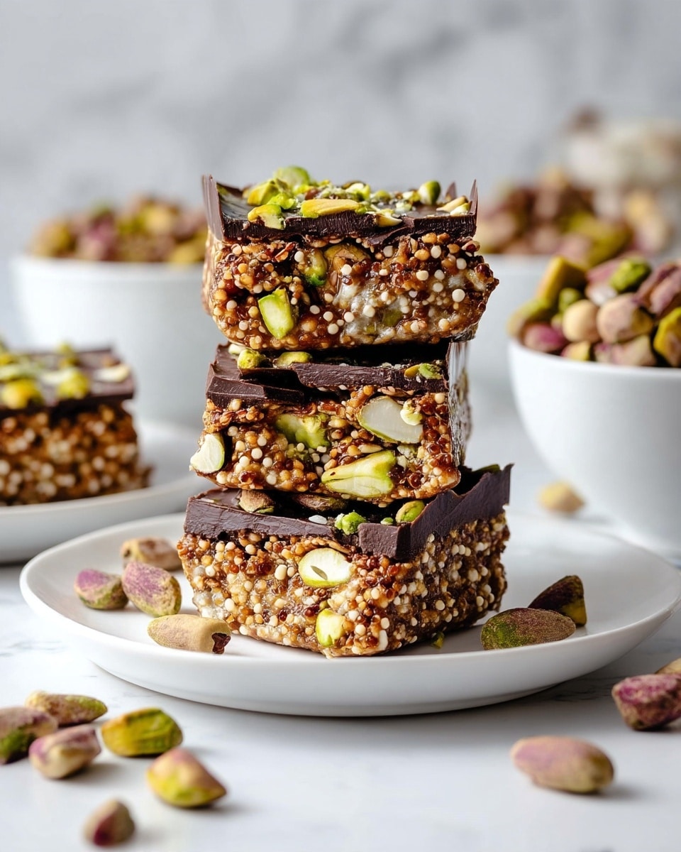 A square bar dessert sits on a white plate with a light pink rim, placed on a white marbled surface. The bar has two main layers: the bottom layer is thick and textured, filled with visible pieces of nuts and quinoa in a light brown and green mix, while the top layer is a smooth, glossy dark chocolate sheet sprinkled with small chopped green pistachios and a few flakes of salt. Around the bar on the plate, a few whole pistachios are scattered casually. In the background, another similar white plate with more bars is softly blurred. photo taken with an iphone --ar 4:5 --v 7