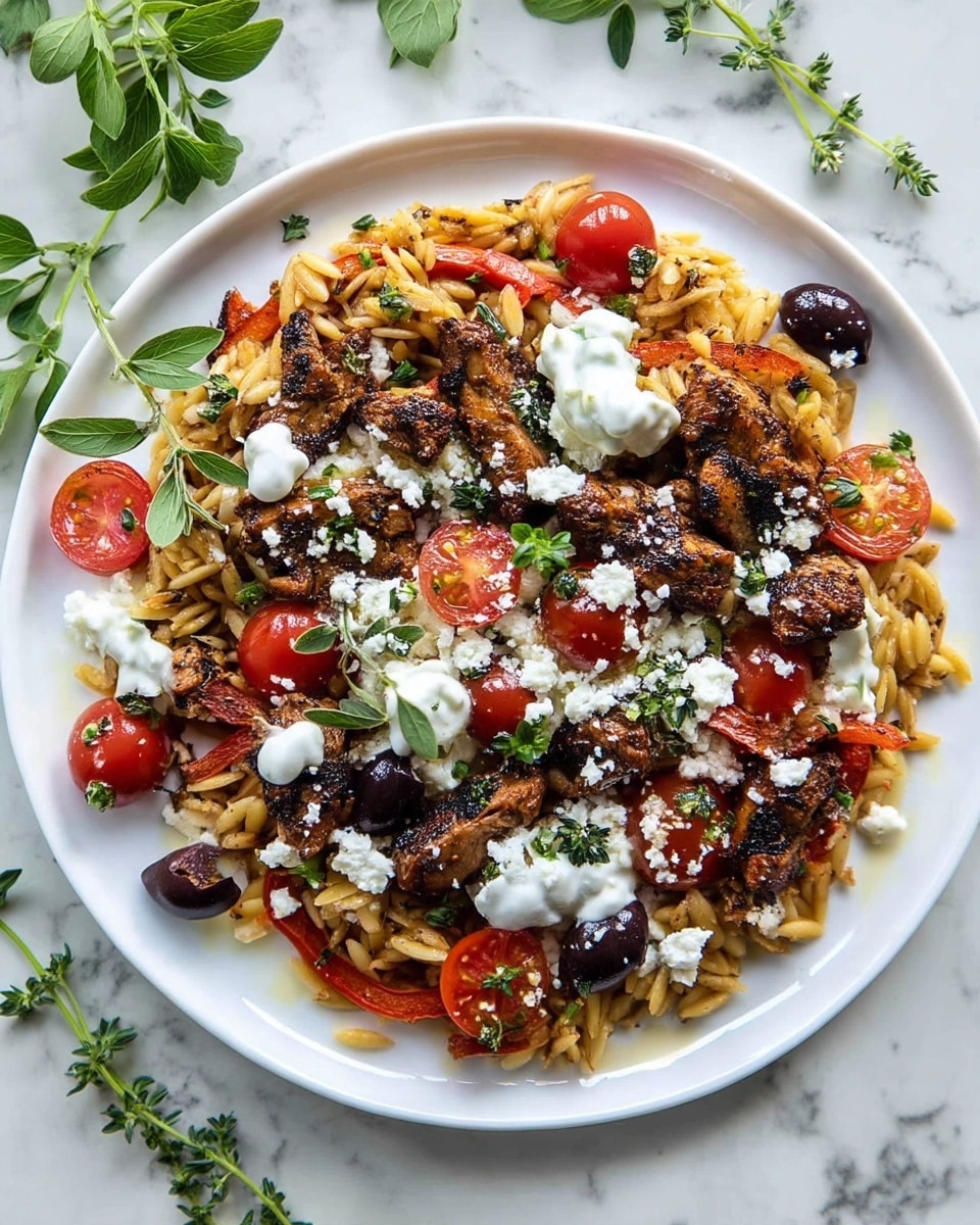 A white plate holds a colorful dish with three main layers: a base of light brown orzo pasta mixed with thin red pepper slices, a middle layer of dark brown grilled chicken pieces, and a topping of bright red cherry tomato halves scattered around. White crumbled cheese and dollops of creamy white sauce are spread on top. Small dark purple olives and fresh green herb sprigs add extra color and texture. The plate is set on a white marbled surface with some fresh green herbs nearby. Photo taken with an iphone --ar 4:5 --v 7