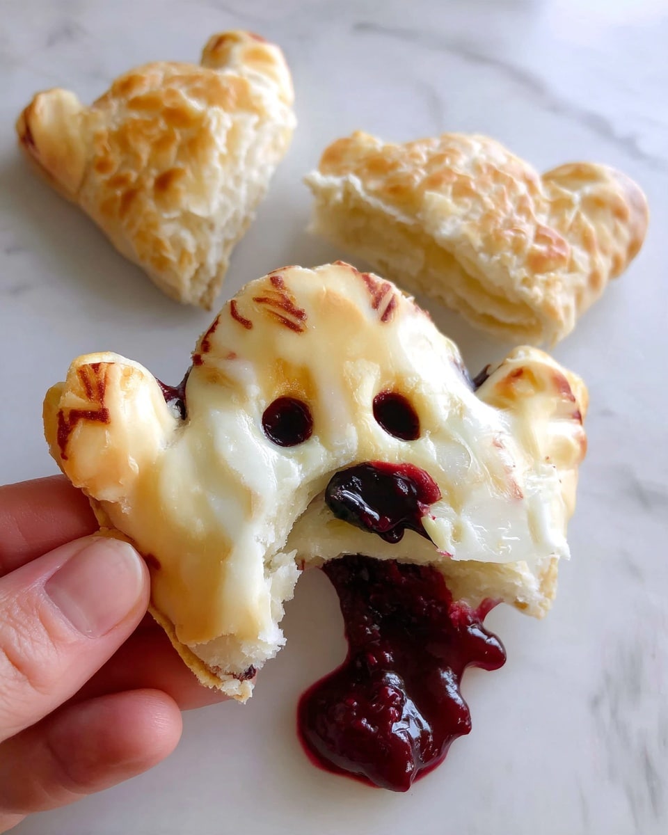 Vegan Blueberry Ghost Hand Pies Recipe 2 The image shows a pastry shaped like a polar bear's face on a white marbled surface, with one piece separated from the main part. The bear's face layer is golden brown and flaky with a smooth cream-colored top. There are two small round dark spots for eyes and a larger round dark spot for the nose. A dark red filling oozes out from the torn part at the bottom of the pastry, resembling the bear's mouth area. The broken piece is pale golden and flaky, showing its soft inside texture. A woman's hand is holding the separated piece at the lower left corner. photo taken with an iphone --ar 4:5 --v 7