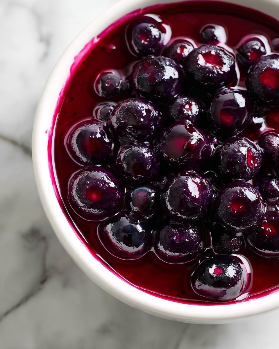 The image shows a shiny silver pot filled with thick dark purple sauce with whole blueberries inside. The sauce looks glossy and a bit bumpy because of the fruit. The pot is placed on a white marbled surface, and part of a woman's hand holding the pot handle is visible. Photo taken with an iphone --ar 4:5 --v 7