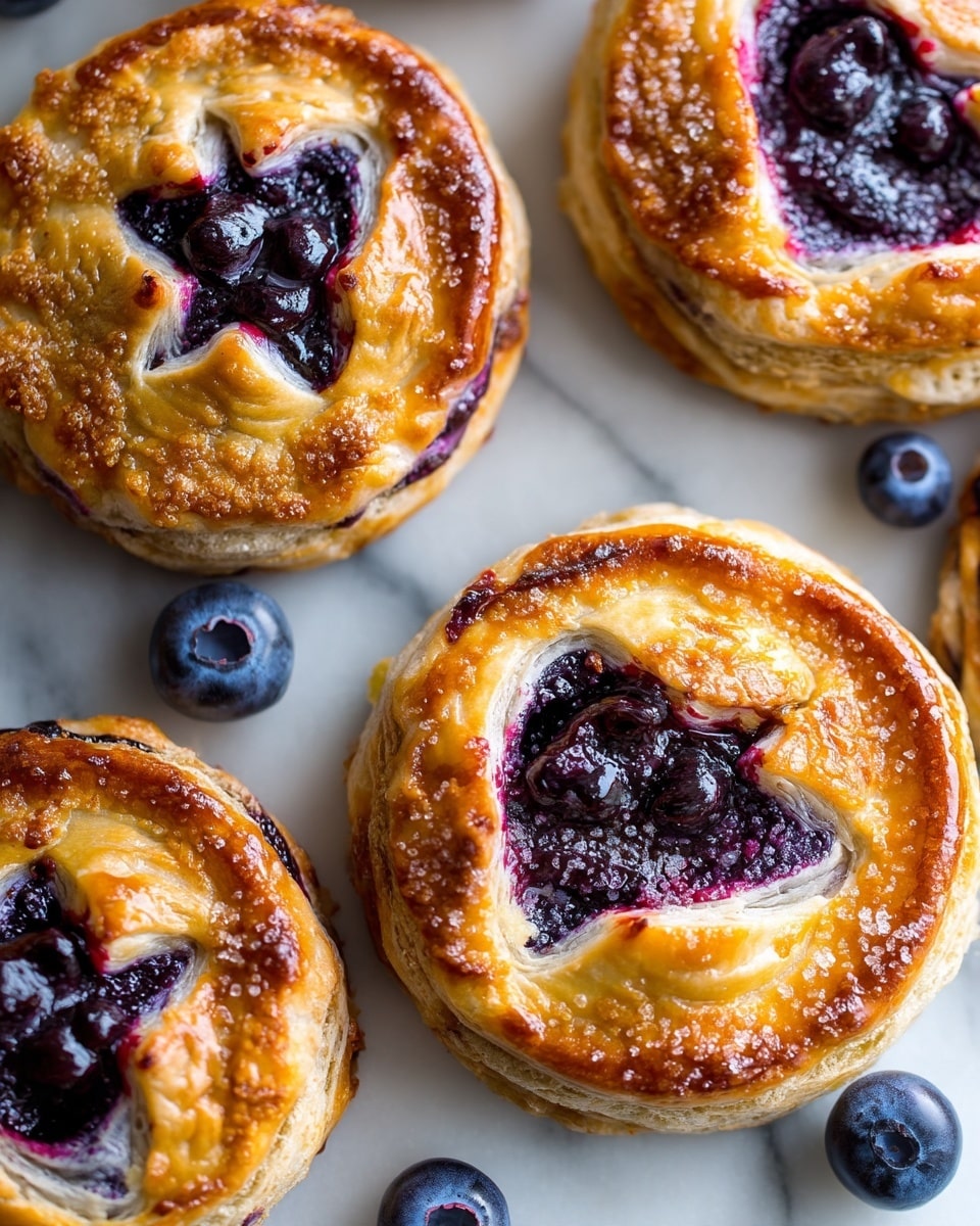 The image shows a close-up view of small round pastries with a golden-brown, flaky crust. One pastry is open to reveal a thick, dark purple-blue mixed blueberry filling inside, which looks juicy and glossy. The pastries have a layered texture on top, some with small slits exposing the filling. Around the pastries, there are whole blueberries scattered. A white bowl filled with fresh blueberries is partly visible on the left side. The background surface is a white marbled texture. photo taken with an iphone --ar 4:5 --v 7