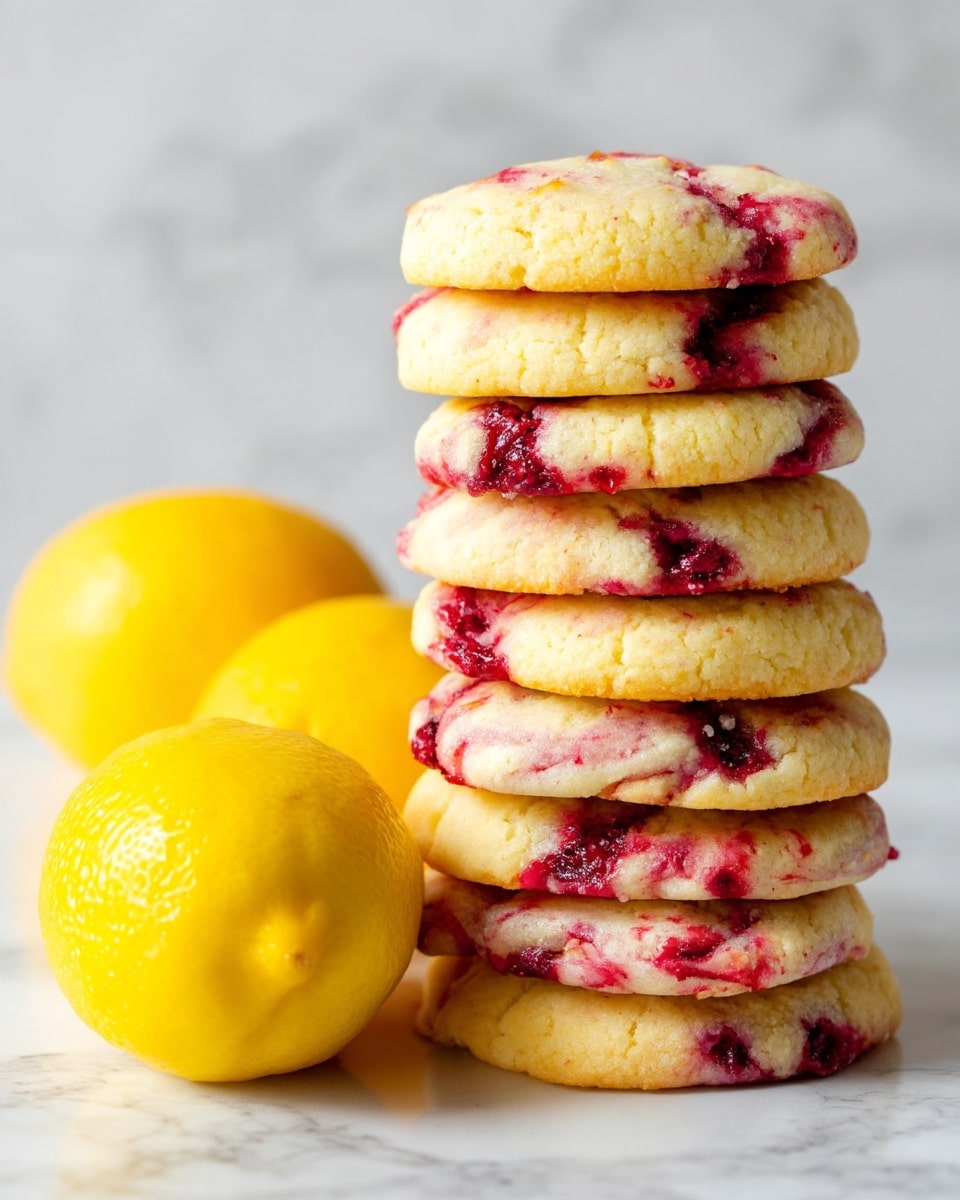 A tall stack of ten round cookies with a light beige base and bright red berry swirls is centered on a white marbled surface, with one cookie leaning against the bottom of the stack showing its full front. The cookies have a soft and slightly puffy texture with uneven red berry spots spread throughout. On either side of the stack, two bright yellow lemons with smooth skin rest on the surface, adding contrast to the scene. In the background, a few more cookies and lemon branches are softly blurred, enhancing the focus on the stack. Photo taken with an iphone --ar 4:5 --v 7