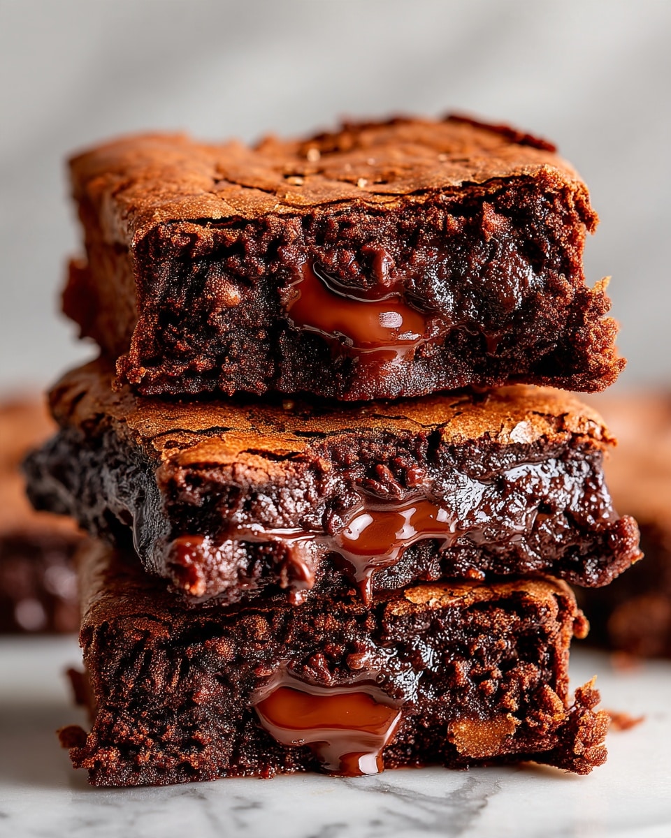 A close-up image shows a thick, square piece of chocolate brownie held by a woman's hand, with the top layer having a cracked, dry texture and the inside showing a dense, moist, dark brown layer with melted chocolate chunks visible, giving a rich, soft look. The background is blurred, highlighting the piece of brownie clearly. photo taken with an iphone --ar 4:5 --v 7