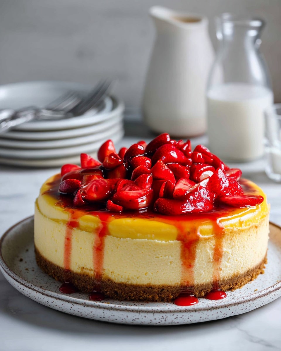 New York Cheesecake with Fresh Strawberry Topping Recipe 1 A round cheesecake with two visible layers sits on a white plate with a speckled pattern along the edge. The bottom layer is a thin, dark brown crust, while the thick top layer is creamy pale yellow with a smooth texture. The top surface has a browned, slightly charred look with patches of darker brown across it. The background and surface beneath the plate show a white marbled texture. photo taken with an iphone --ar 4:5 --v 7
