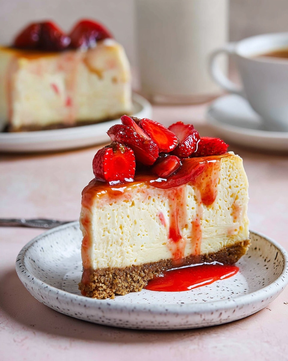 New York Cheesecake with Fresh Strawberry Topping Recipe 2 A round cheesecake with three visible layers sits on a white speckled plate on a white marbled surface. The bottom layer is a crumbly brown crust, the middle thick layer is creamy yellow, and the top is a smooth yellow layer with a shiny red glaze, slightly dripping down the sides. On top of the cheesecake, there is a pile of bright red, juicy sliced strawberries covered in syrup. In the background, out of focus, are stacked white plates, two forks, a glass carafe, and a glass cup, both with milk inside. Photo taken with an iphone --ar 4:5 --v 7