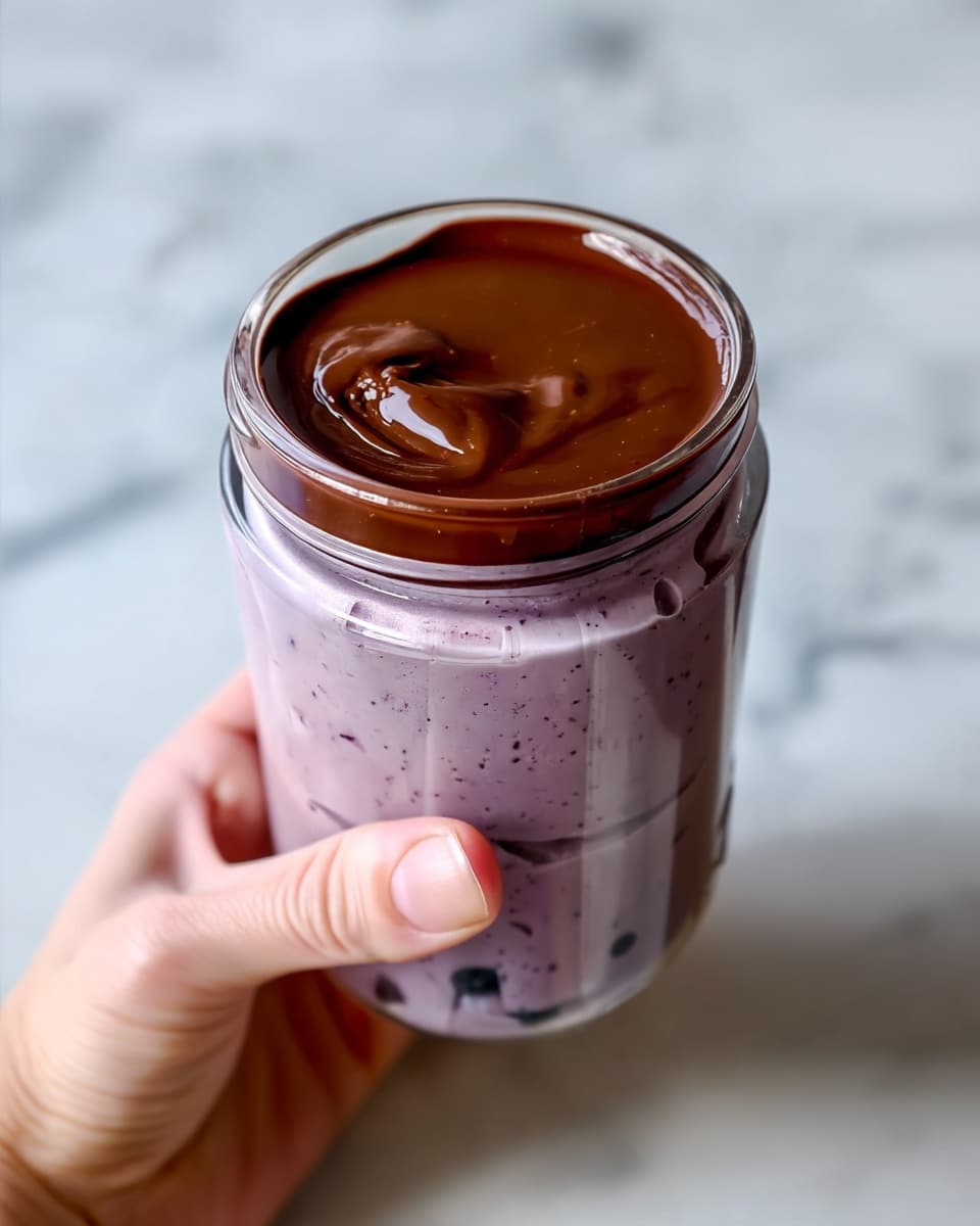 A clear glass jar filled with a thick layer of light purple smoothie mixed with small dark specks, topped with a smooth layer of shiny brown chocolate being poured from above, with the background showing part of a blue textured cloth and the jar sitting on a white marbled surface, photo taken with an iphone --ar 4:5 --v 7