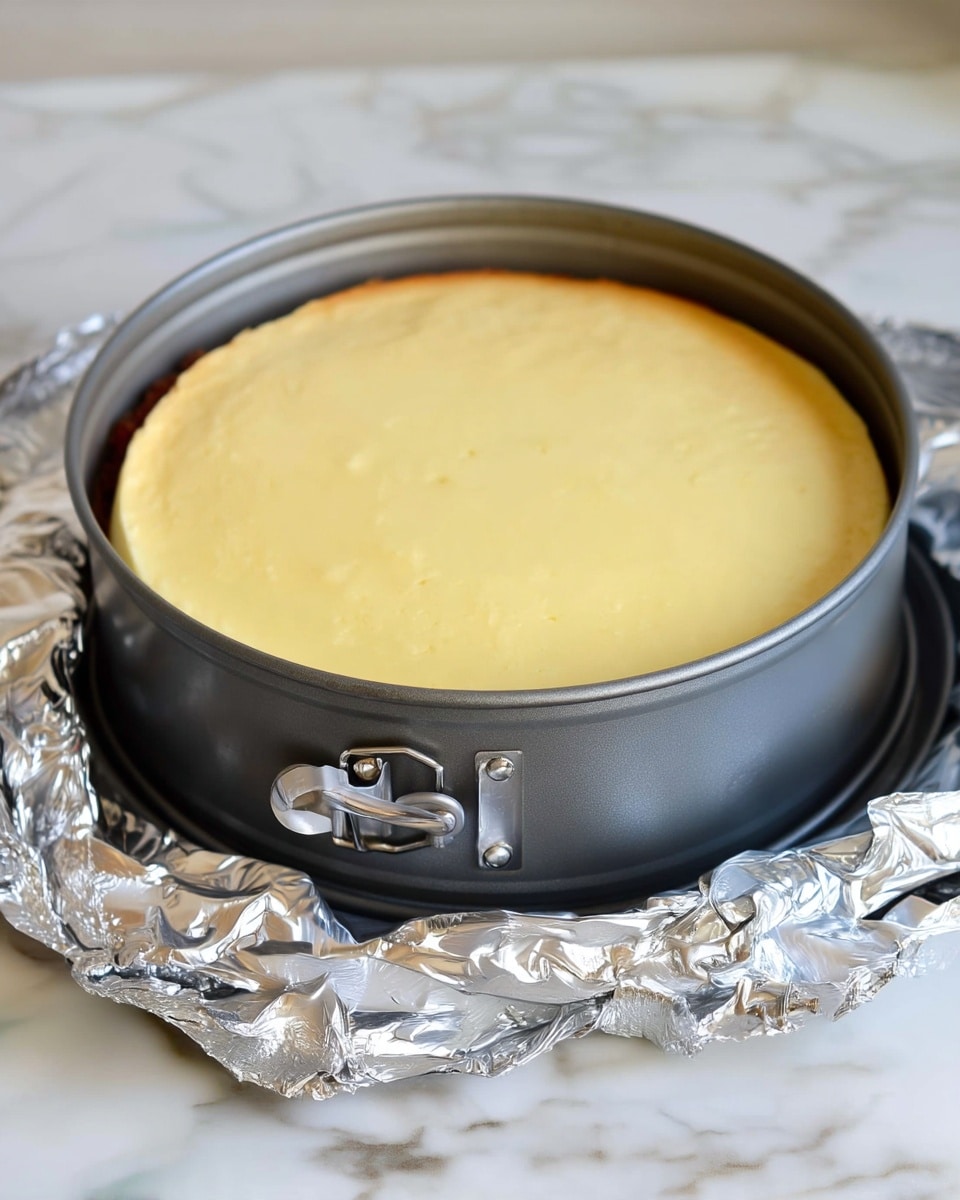 A round cheesecake with a smooth, pale yellow top layer is shown inside a gray springform pan that has a metal latch on the side. The pan is wrapped with crinkled aluminum foil at the base, resting on a white marbled surface. The cheesecake appears thick and even, filling the pan completely. Photo taken with an iphone --ar 4:5 --v 7
