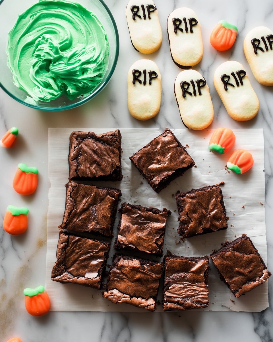 A square brownie is cut into 12 pieces arranged in a 3 by 4 grid, each piece is dark brown with a cracked, shiny top showing a slightly rough texture. The brownie rests on white parchment paper, placed on a white marbled surface. To the top right, there are three light beige cookies shaped like tombstones decorated with black 