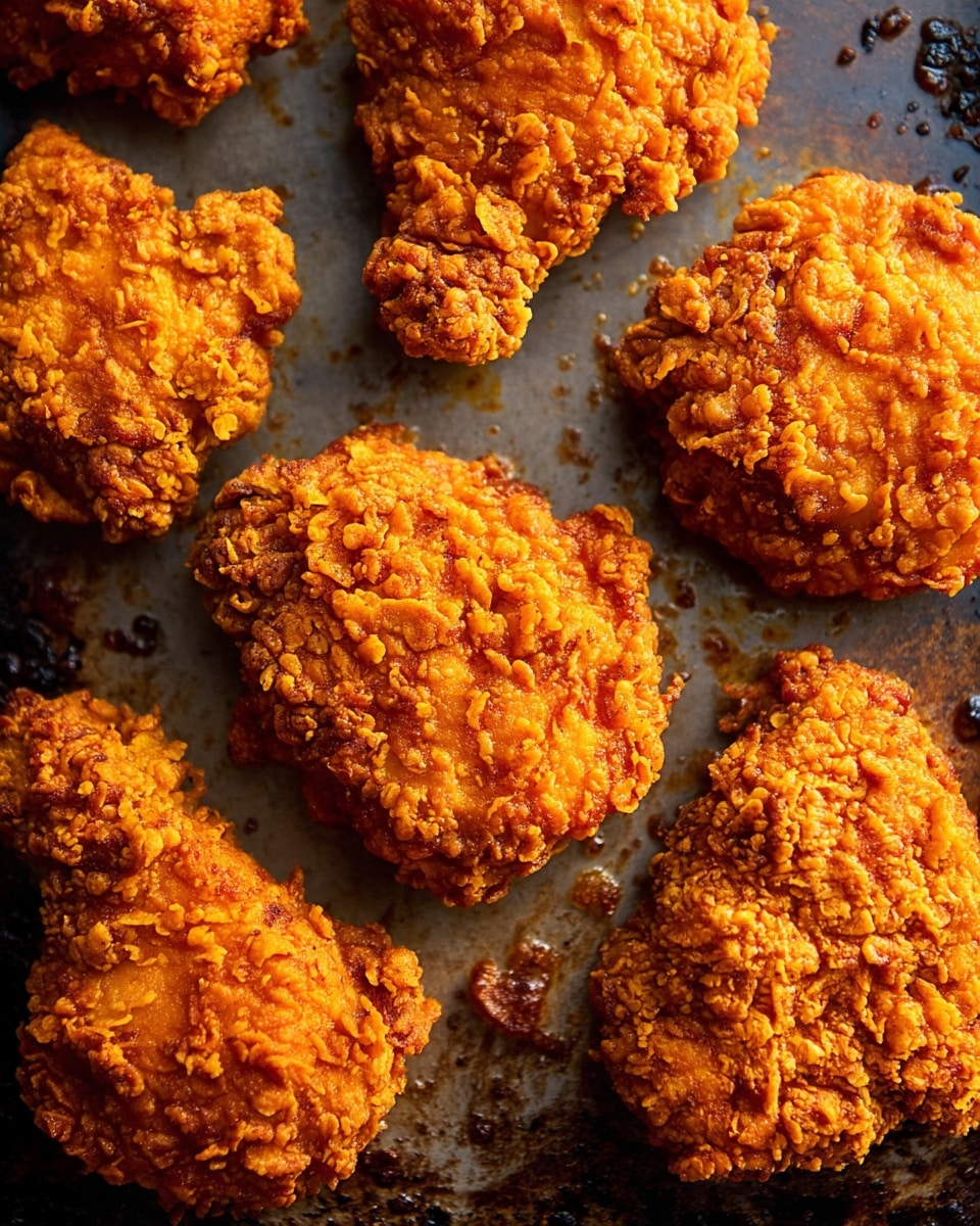 The image shows several pieces of golden-brown crispy fried chicken closely placed on a baking sheet. Each piece is covered in a thick, crunchy coating with a rough texture made of coarse crumbs, giving a rich orange and light brown color. The surface beneath has darkened spots with slight oil stains, adding a sense of freshly cooked food. The chicken pieces vary in size and shape but maintain a consistent crunchy layer all over. photo taken with an iphone --ar 4:5 --v 7