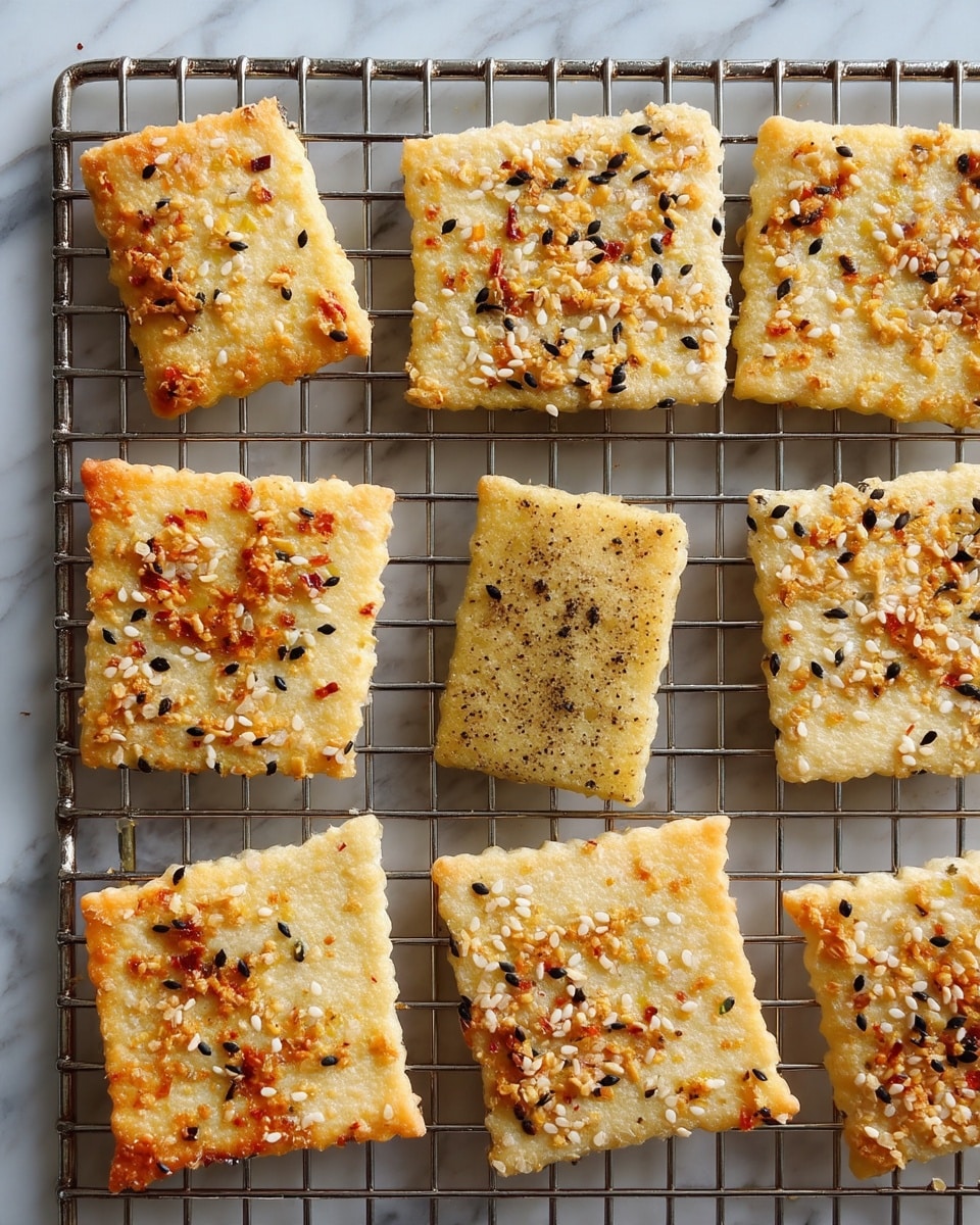 The image shows several square crackers on a metal cooling rack. Each cracker is thin, pale yellow with a slightly rough texture, and has a few scattered toppings. Some crackers have a topping mixture of black and white sesame seeds with small bits of orange garlic pieces, while others are covered with a sprinkle of dark ground pepper. The crackers are evenly spaced and fill the frame on a white marbled surface below the rack. The photo taken with an iphone --ar 4:5 --v 7