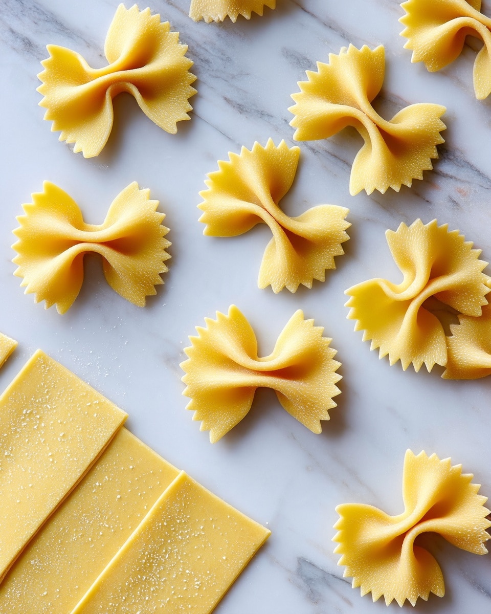 The image shows several pieces of uncooked farfalle pasta, arranged loosely on a white marbled surface. The farfalle are light yellow with a smooth texture and have a bow-tie shape with pinched centers and ruffled edges. In the bottom left corner, there are three pieces of flat rectangular pasta dough, also light yellow, lying side by side. The background is a white marbled surface with subtle gray veins, giving a clean and bright look. photo taken with an iphone --ar 4:5 --v 7