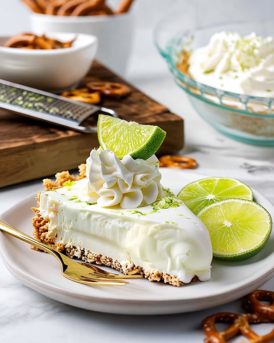 A slice of lime cheesecake with three visible layers sits on a white plate on a white marble surface. The bottom layer is a light brown crumb crust, the middle layer is a thick, creamy white cheesecake, and the top layer is smooth lime cream sprinkled with small bits of lime zest. On top of the cake is a swirl of white whipped cream with a wedge of lime placed on it. To the right of the cheesecake are two lime halves showing their green and juicy insides. A golden fork rests on the left edge of the plate. In the background, there is a clear bowl with more white whipped cream and a wooden board holding pretzels and a cheese grater. Photo taken with an iphone --ar 4:5 --v 7