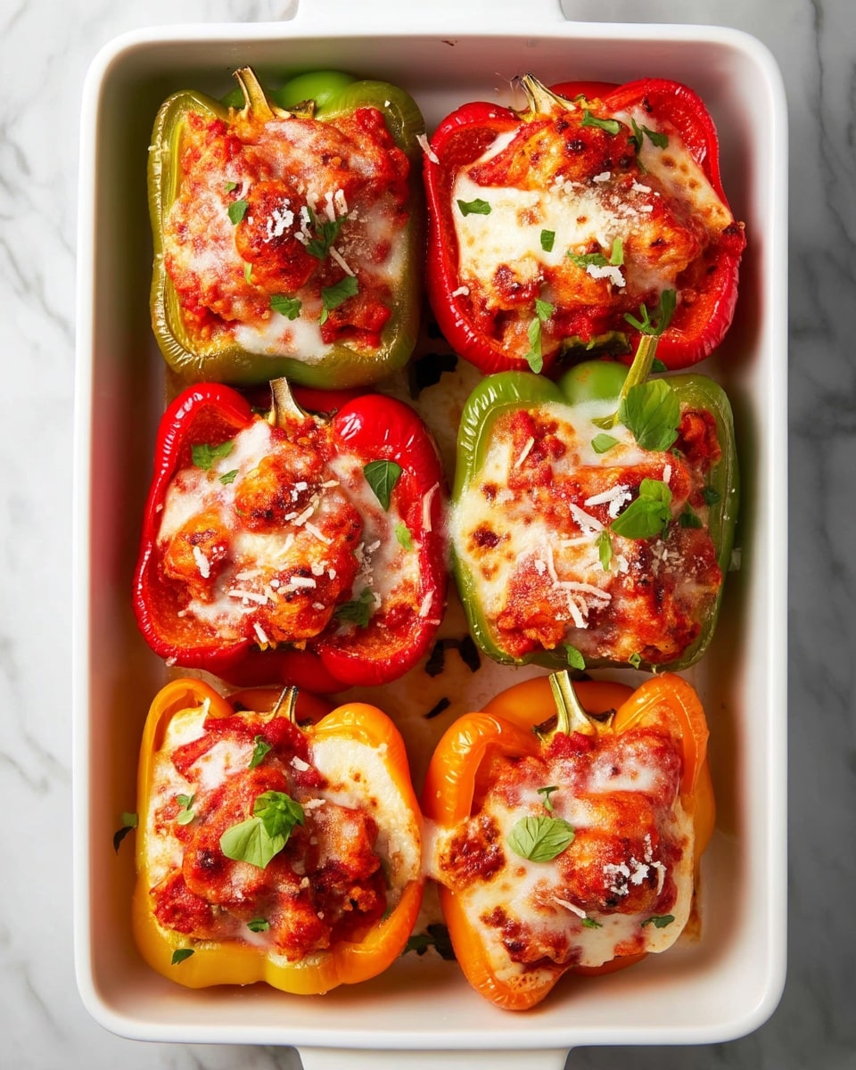 Chicken Parm Stuffed Peppers Recipe 4 The image shows a white baking dish filled with eight stuffed bell pepper halves, arranged in two closely packed rows. Each bell pepper is thick and glossy, coming in green, red, and orange colors with visible stems on top. The peppers are filled with a mix of textured red sauce and melted white cheese that looks soft and slightly browned on top. Scattered small green leafy herbs add a fresh pop of color. The dish rests on a white marbled surface, emphasizing the vibrant colors of the stuffed peppers. photo taken with an iphone --ar 4:5 --v 7