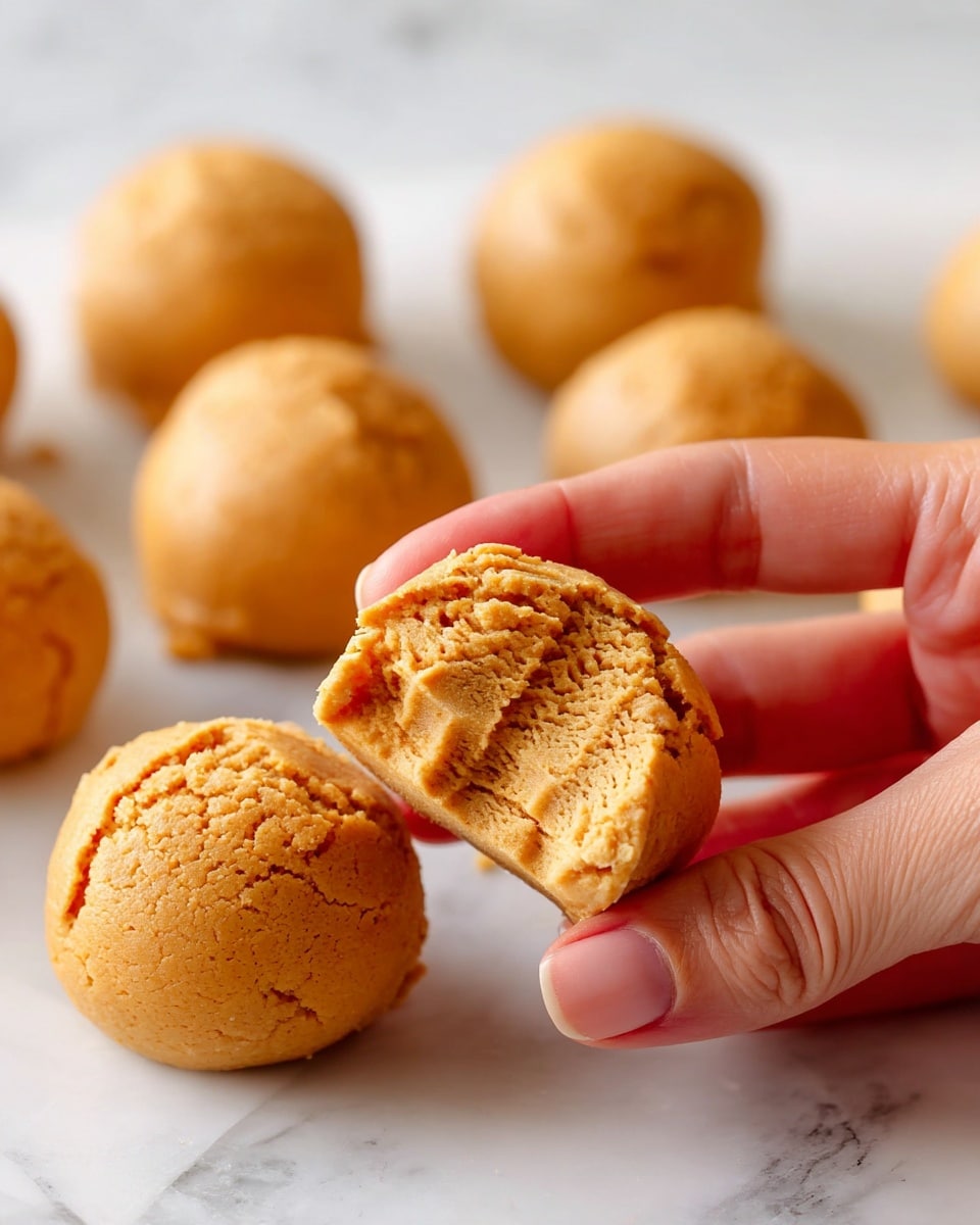 A close-up shows a woman's hand holding a round, golden brown dough ball with a bite taken out, revealing a soft, crumbly texture inside. Several more smooth, round dough balls of the same color lie in a loose row on a white marbled surface in the background. The dough balls have a slightly cracked surface, giving a homemade look. Photo taken with an iphone --ar 4:5 --v 7