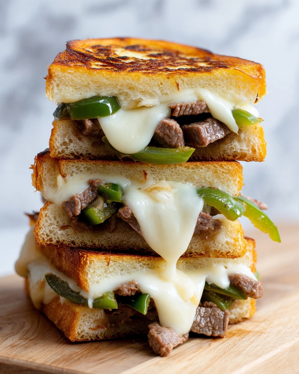 A sandwich is shown stacked in two halves on a light wooden surface with a white marbled texture. It has three layers of toasted golden-brown bread with a slight crisp texture. Between each bread layer, there is a thick layer of white melted cheese dripping slightly, alongside slices of cooked beef with a slightly browned surface and green bell pepper strips. Some pieces of beef and green peppers are spilling out from inside the sandwich. photo taken with an iphone --ar 4:5 --v 7