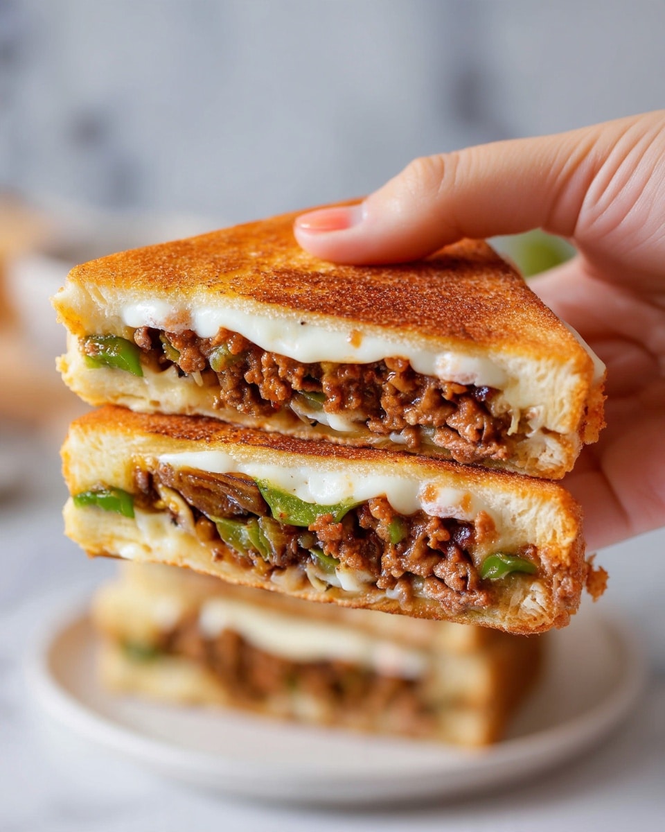 A close-up of a sandwich slice held by a woman's hand, showing three visible layers inside: the top layer is melted white cheese with a smooth texture, beneath it is a layer of cooked ground brown meat mixed with small pieces of green bell pepper, and the bottom layer is toasted light golden bread with a slightly crispy texture. In the blurred background, a white plate with more sandwich slices on a white marbled surface can be seen. Photo taken with an iphone --ar 4:5 --v 7