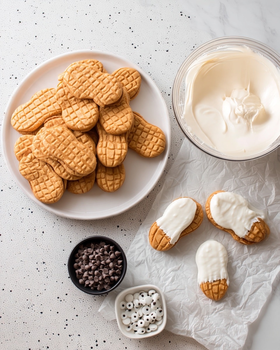 Nutter Butter Ghost Cookies Recipe 4 The image shows a white plate full of peanut-shaped cookies with a light brown color and a grid pattern on top, arranged close together on the left side. To the right, there is a clear glass bowl filled with smooth, white frosting. Below the bowl, on crinkled white parchment paper, three peanut-shaped cookies partially dipped in white frosting lay side by side, with about half of each cookie covered. Near the bottom left, a small white dish holds small dark chocolate chips, and beside it is a small black bowl filled with white candy eyes. The whole scene is set on a white marbled surface with small speckles, creating a clean and bright background photo taken with an iphone --ar 4:5 --v 7