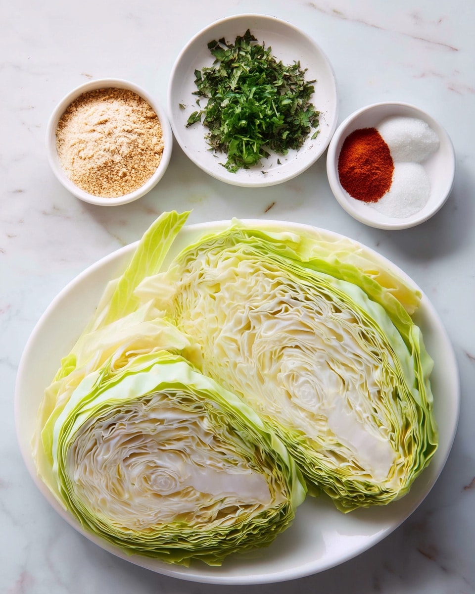 The image shows a white plate with two halves of a green cabbage placed side by side, one larger and one smaller, with the cut sides facing up, showing the pale green and white layers inside. Around the plate are five small white bowls: one contains a light brown powder, another has chopped fresh green herbs, a third holds a white granulated substance, the fourth has a mix of red and light brown powders, and the last one contains a golden liquid. All items are set on a white marbled surface. Photo taken with an iphone --ar 4:5 --v 7