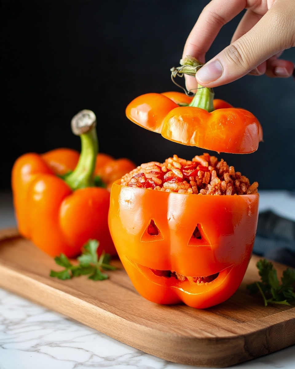 Jack-O'-Lantern Stuffed Peppers Recipe 5 The image shows a bright orange pepper shaped like a pumpkin with a carved face, featuring two triangle eyes and a smile. The pepper is hollowed out and filled with a reddish crumbly filling that looks like seasoned rice or minced ingredients. The top of the pepper, with the green stem, is lifted up by a woman's hand, revealing the filled inside. The pepper sits on a light wood board, accompanied by two other orange pepper tops with green stems. The background is dark, and the surface underneath looks like white marble. Photo taken with an iphone --ar 4:5 --v 7
