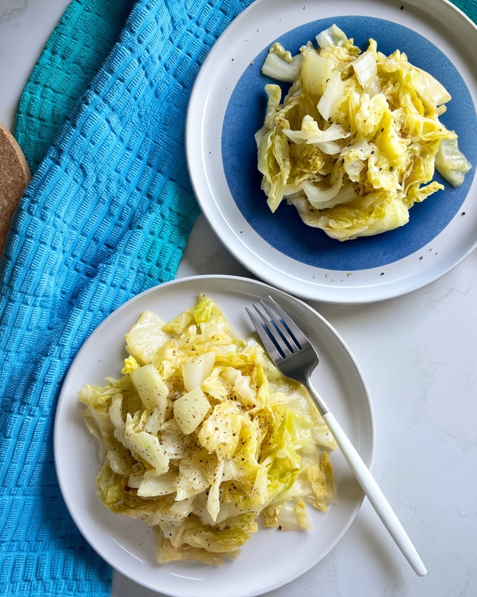 Two white plates each hold a serving of cooked cabbage cut into medium-sized pale yellow and light green pieces. The cabbage is soft with some darker browned spots and is sprinkled with coarse black pepper. The cabbage is piled loosely on each plate which has a solid deep blue circle in the center, acting as a base layer contrasting with the white rim. A white fork with a silver end rests diagonally on the edge of each plate. They are placed on a smooth white marbled surface with a bright turquoise textured cloth and round cork coasters partially visible to the side. Photo taken with an iphone --ar 4:5 --v 7