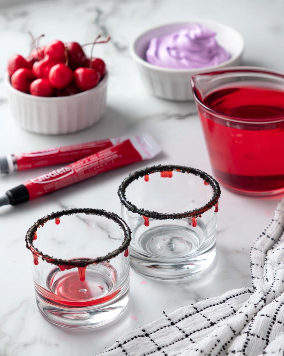 Vampire Blood Drink – Kid-Friendly Drink Recipe 4 The image shows three clear glasses with black crumb rims on a white marbled surface. One glass in the lower left corner has red syrup dripping from the rim inside the glass. Near the top right, a clear measuring cup holds bright red liquid. At the top left, there is a small white bowl filled with red cherries, and a tube of red writing gel lies on the surface next to the glasses. Behind the measuring cup is a dollop of light purple cream or mousse. A white cloth with a black grid pattern is partially visible at the bottom right. Photo taken with an iphone --ar 4:5 --v 7