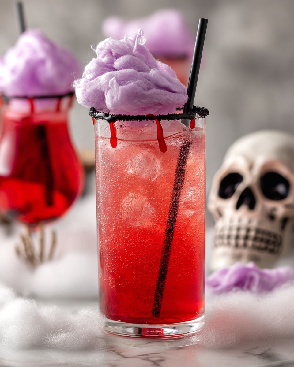 Vampire Blood Drink – Kid-Friendly Drink Recipe 5 A tall, curvy transparent glass holds a bright red fizzy drink with ice cubes floating inside. The glass rim is coated with a black crumbly substance and red syrup drips down the sides. On top, a large fluffy cloud of light purple cotton candy rests, with a black straw poking through the middle. The glass is set on a white marbled surface with white fog-like cotton spread under it, around a small plastic skeletal hand rising up. In the background, two more similar glasses filled with the same drink and cotton candy are visible, along with a human skull on the right side, all placed on the white marbled surface. photo taken with an iphone --ar 4:5 --v 7