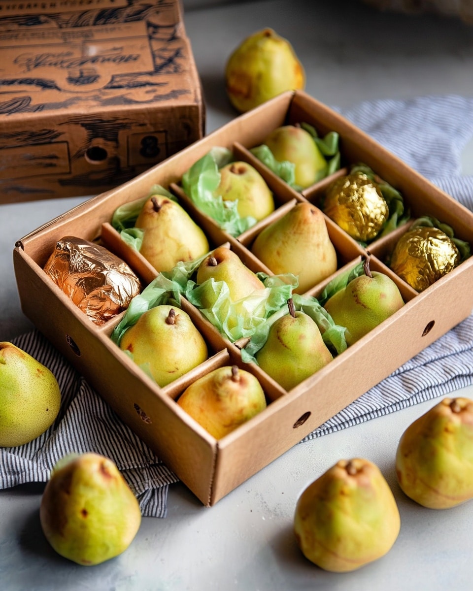 A brown cardboard box divided into nine square sections, each holding one yellow-green pear resting on light green tissue paper; two of the sections contain pears wrapped in shiny gold foil. Outside the box, four more yellow-green pears sit on a white marbled surface next to a striped cloth. The box is placed on the same white marbled surface with part of a wooden board in the background. photo taken with an iphone --ar 4:5 --v 7