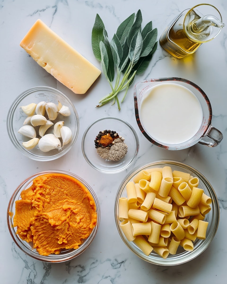Creamy Pumpkin Pasta Recipe 4 The image shows several clear glass bowls and a white marbled surface with cooking ingredients arranged in a neat layout. Starting from the top left, there is a block of pale yellow cheese next to a small bunch of sage leaves. Below the cheese is a round glass bowl filled with bright orange mashed pumpkin. To the right of the pumpkin, a measuring cup holds white milk. Above the milk, there are two small glass bowls; one contains four peeled garlic cloves and the other has a mixture of brown, white, and black spices. To the far right is a glass bowl filled with uncooked pale yellow rigatoni pasta. Finally, in the upper right corner, a clear glass olive oil bottle is visible. The whole scene rests on a white marbled surface. Photo taken with an iphone --ar 4:5 --v 7