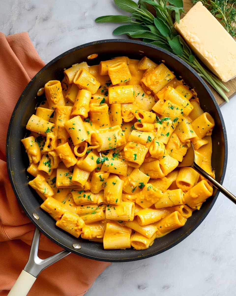 Creamy Pumpkin Pasta Recipe 5 A white bowl filled with rigatoni pasta layered in a creamy orange cheese sauce, topped with small bits of green herbs and grated white cheese, with a silver fork resting inside the bowl on the right side. Next to the bowl, there is a small white dish containing chopped green herbs and a wooden cutting board with more grated white cheese on a white marbled surface. A soft peach-colored cloth lies beneath the bowl on the left. The colors of the pasta are warm and rich, contrasting with the fresh green herbs. photo taken with an iphone --ar 4:5 --v 7