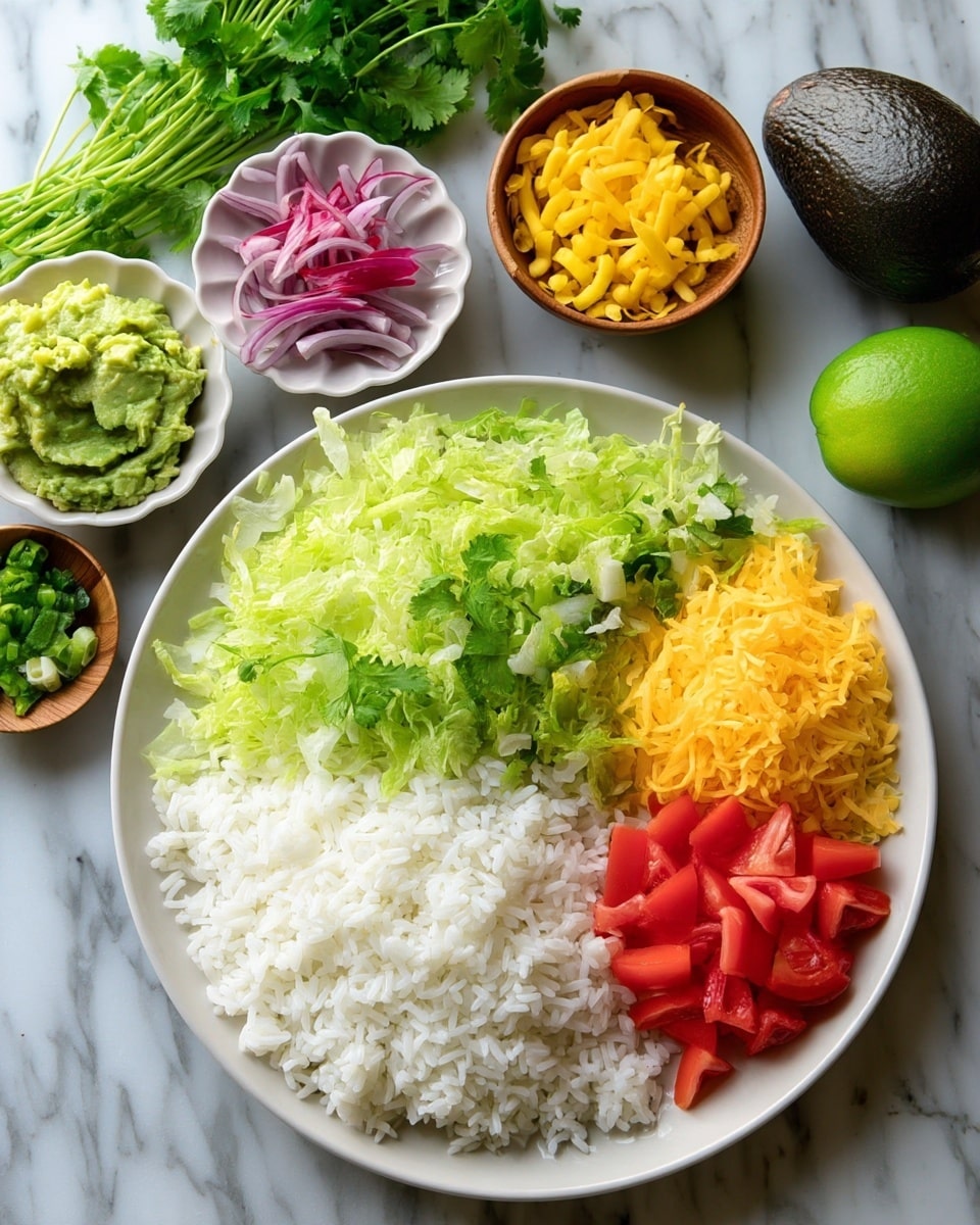 Turkey Taco Bowls Recipe 4 A white plate with two main layers: half filled with shredded light and dark green lettuce, and the other half with fluffy white rice. Around the plate, there are small white bowls holding different ingredients: one with bright green guacamole, another with thin sliced purple and white onions, a few wooden bowls containing yellow shredded cheese, chopped red tomatoes, diced green peppers, and chopped green onions. On the white marbled surface nearby, fresh cilantro leaves, a whole green lime, and a dark green avocado rest beside the plate. The photo taken with an iphone --ar 4:5 --v 7