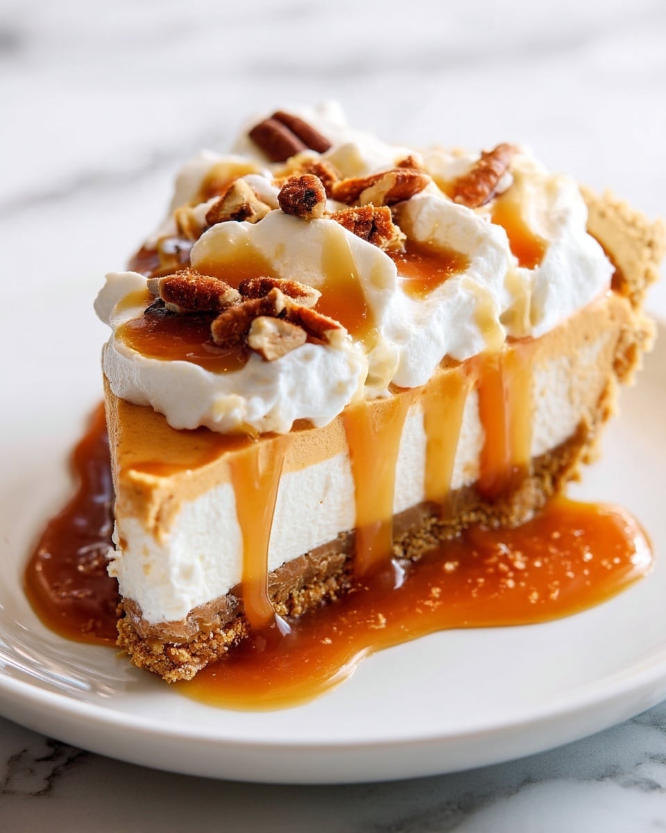 A single slice of pie with a thick, crumbly light brown crust forms the base. The pie filling is smooth and light orange, topped with a generous layer of white whipped cream spread unevenly over the top. Caramel sauce is drizzled over the whipped cream, pooling slightly on the white plate underneath the slice. Small, dark brown pecan pieces are scattered over the whipped cream and caramel sauce. The plate rests on a white marbled surface. photo taken with an iphone --ar 4:5 --v 7