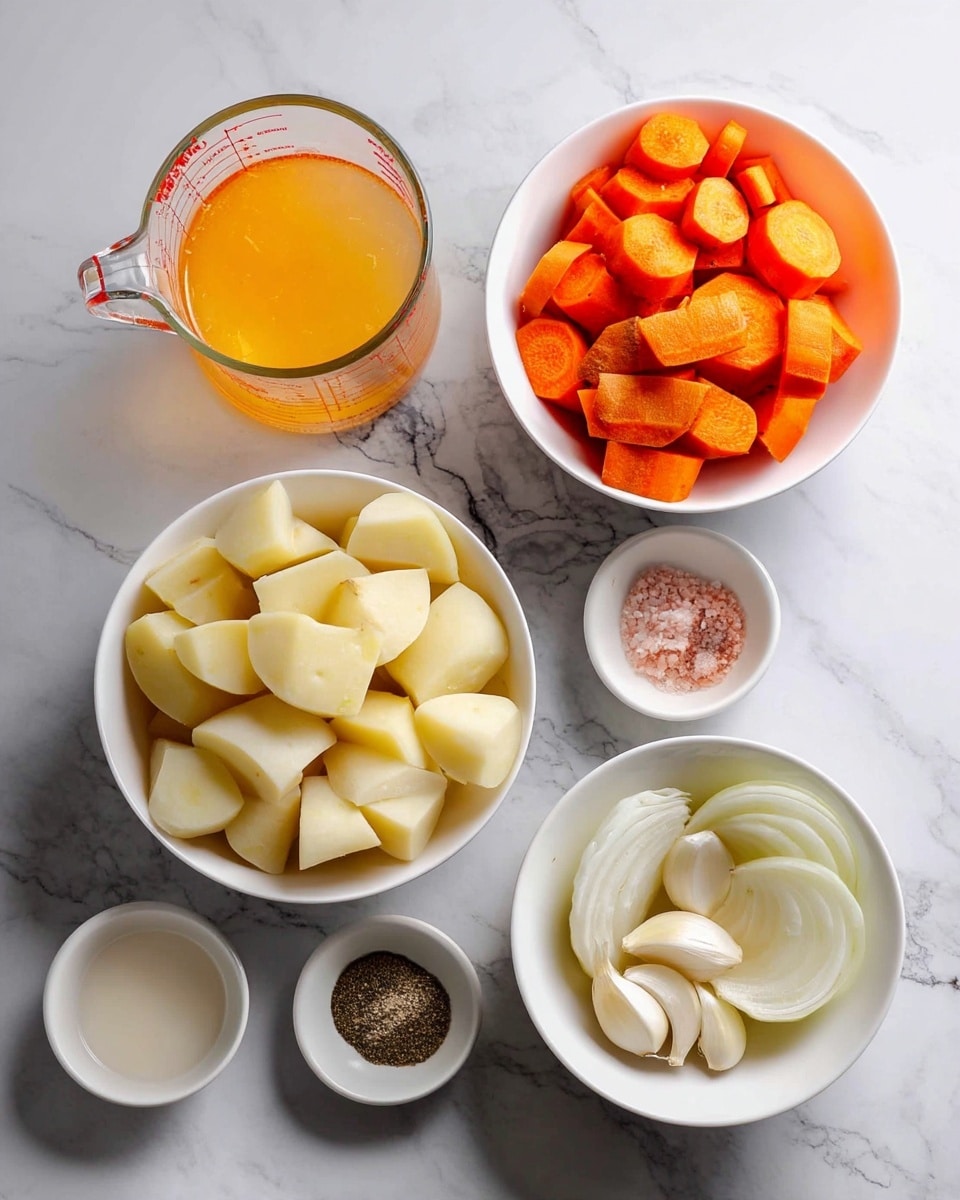 Top view of seven white bowls and a clear measuring cup arranged on a white marbled surface. The largest bowl on the right holds bright orange carrot pieces with uneven shapes. Next to it, a medium bowl contains pale yellow potato chunks with smooth edges. Below the carrots, a large bowl is filled with thick sliced white onion pieces. In the center, a small bowl holds three peeled whole garlic cloves. Another small bowl beside it contains pink salt, and next to that is ground black pepper. A smaller cup holds a white liquid, and the measuring cup on the left is filled with light yellow broth, visible through the clear glass. photo taken with an iphone --ar 4:5 --v 7