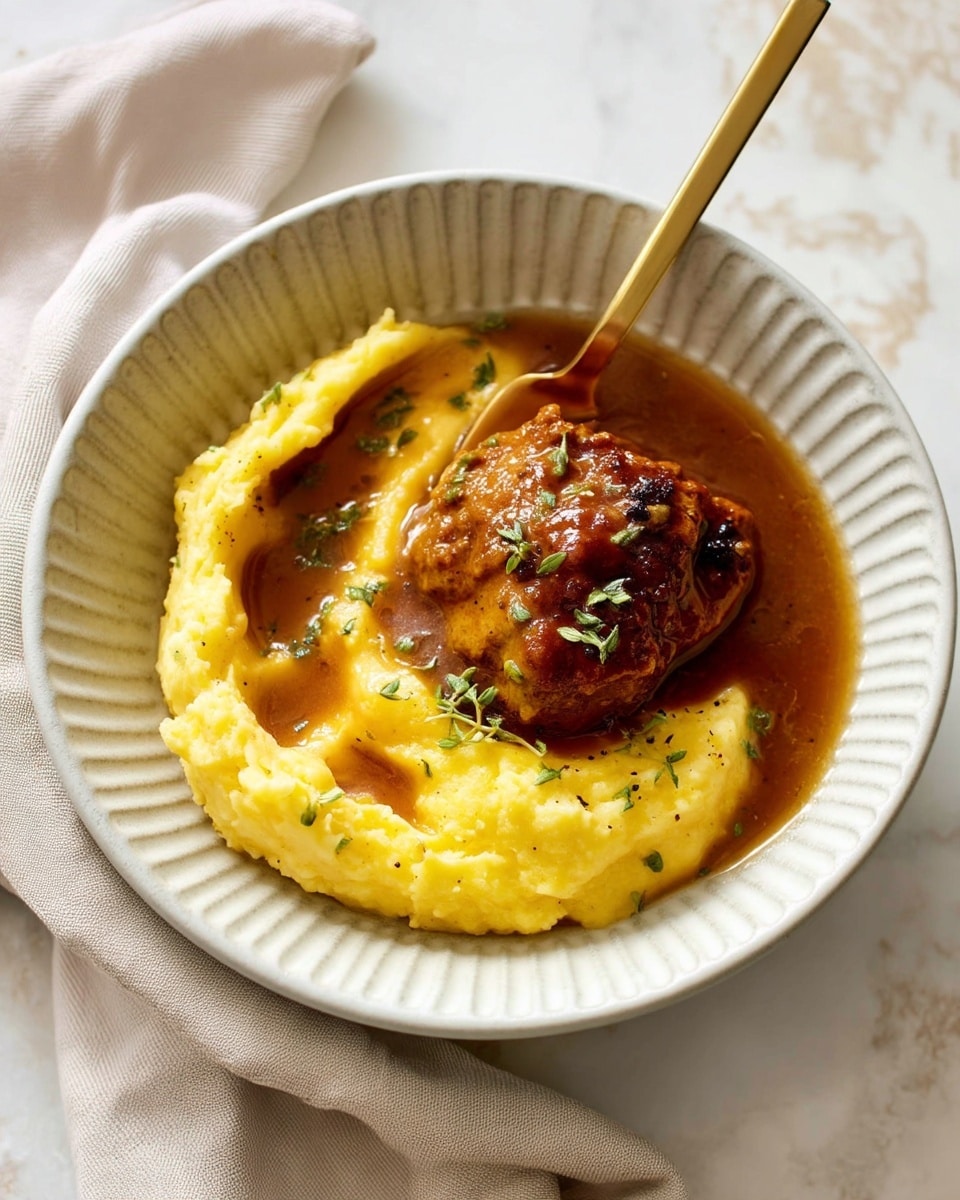 A white bowl with ridged edges holds two main layers: a creamy yellow layer of mashed texture spread on one side, and a browned piece of cooked meat with a shiny surface placed on top of a pool of brown sauce next to the mashed layer. Small green herbs sprinkle lightly on the yellow mash and meat. A gold spoon rests inside the bowl, partially submerged in the sauce. The bowl sits on a white marbled surface with a beige cloth nearby. Photo taken with an iphone --ar 4:5 --v 7