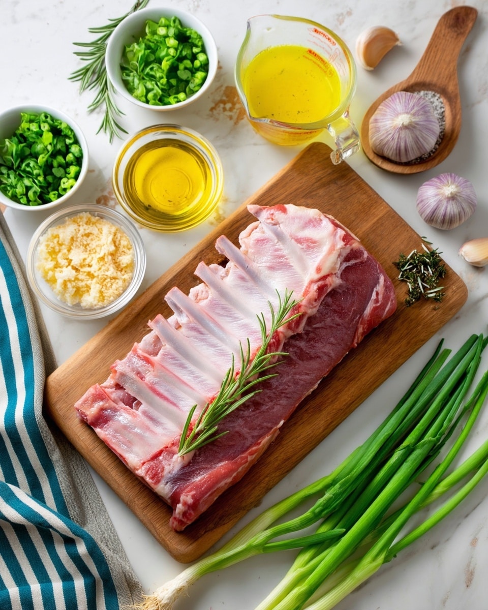 A wooden cutting board sits on a white marbled surface, holding a thick rack of raw ribs with a pinkish-red color. The ribs are placed bone side up, with a few green rosemary sprigs tucked between and on top of the meat. Around the board, there are small clear glass bowls filled with yellow olive oil, green herbs, light brown grated cheese, and chopped garlic. A white bowl of finely sliced green onions, a wooden dish with salt and pepper, a bulb of garlic, several green onions, and a clear glass measuring cup with a yellow liquid are also arranged neatly around the wooden board. A striped blue and white cloth is partially visible under the left side of the board. Photo taken with an iphone --ar 4:5 --v 7