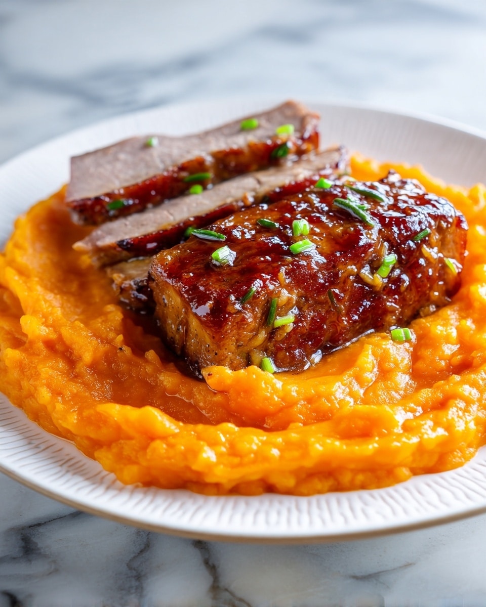 A white plate holds a thick layer of bright orange mashed sweet potatoes spread evenly across its base, looking smooth and creamy. On top, there is a piece of browned, grilled meat with a shiny, glazed surface that shows crisp, caramelized edges and small green herb pieces sprinkled over it. Next to the grilled meat, there are two slices of cooked meat showing a tender, light pink interior with slightly golden brown sides. The plate sits on a white marbled surface. Photo taken with an iphone --ar 4:5 --v 7