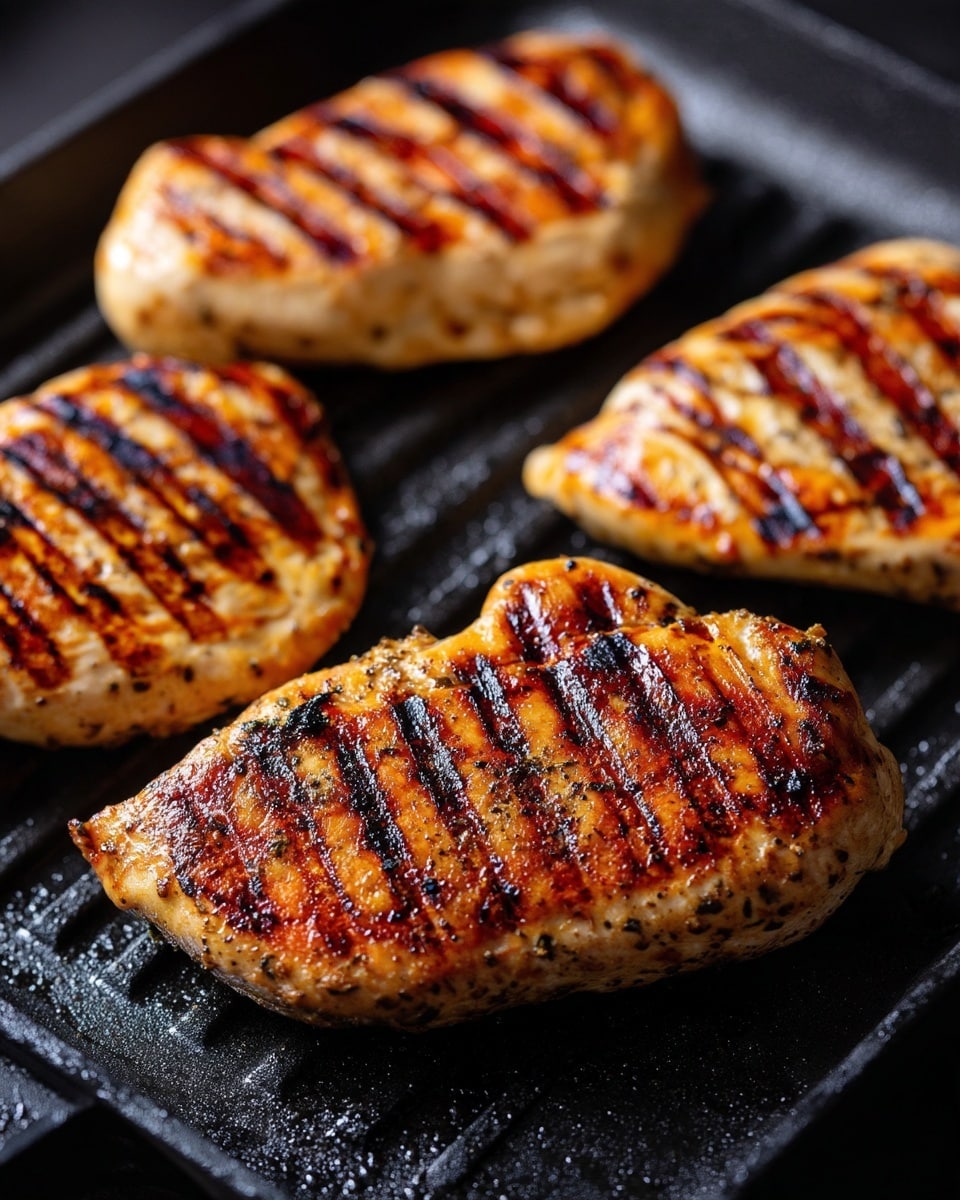 The image shows four grilled chicken pieces on a black grill pan with parallel grill marks on each piece. The chicken has a golden-brown color with darker brown char lines, giving a cooked, slightly crispy texture. The surface of the grill is ribbed and contrasts with the smooth, juicy-looking chicken. The pieces are arranged close but not overlapping, with the largest piece in the lower right and the others surrounding it. photo taken with an iphone --ar 4:5 --v 7