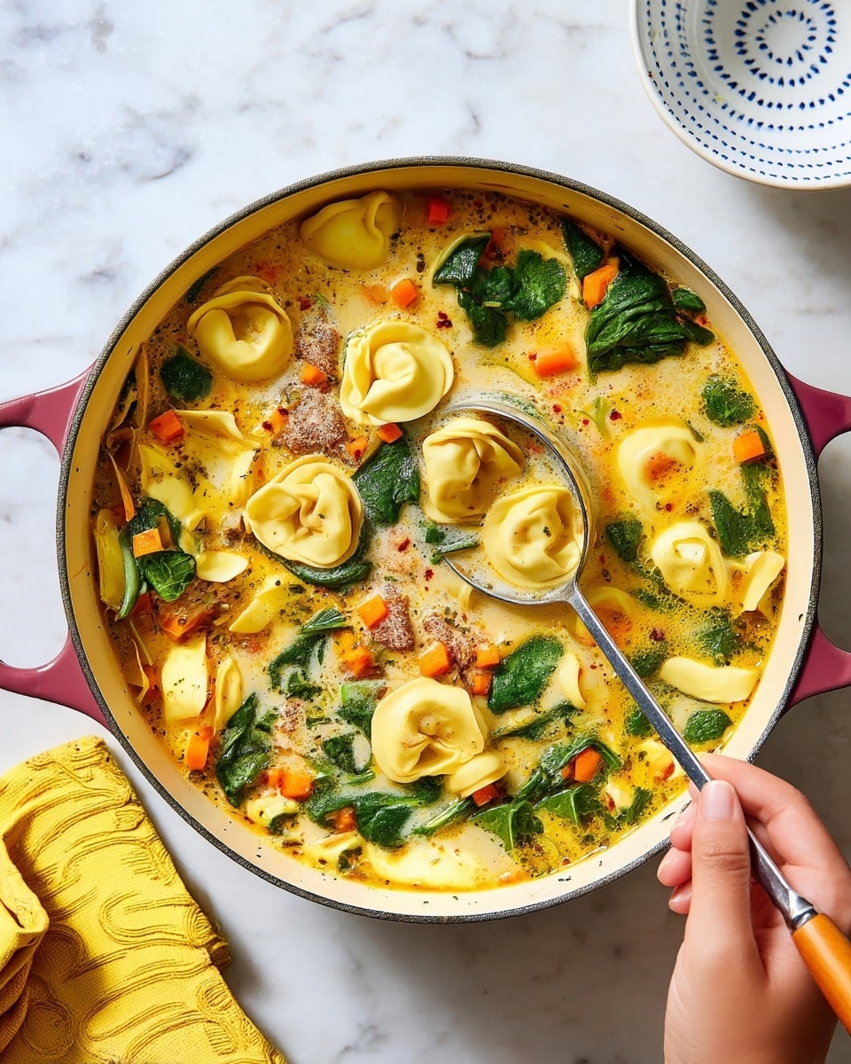 A white bowl filled with a creamy soup that has about seven large, soft yellow tortellini floating on top. Inside the soup, there are small pieces of cooked ground meat, bright orange carrot cubes, and deep green spinach leaves scattered evenly throughout. A silver spoon with a green handle rests inside the bowl, partly lifting one tortellini. The bowl sits on a white marbled surface, with a yellow cloth partially visible near the top left corner, and a glass with a red drink is placed near the right edge of the image. photo taken with an iphone --ar 4:5 --v 7