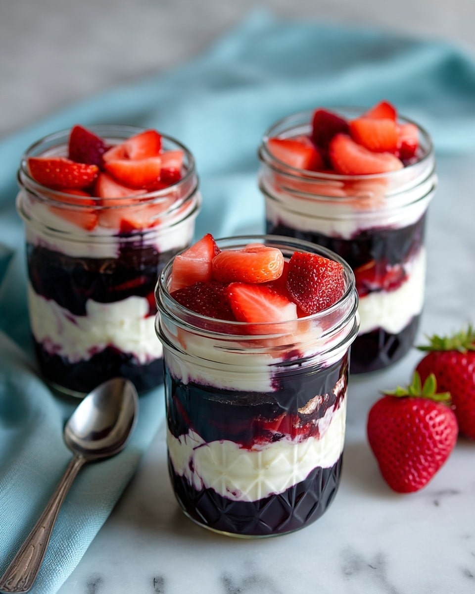 Three glass jars sit on a white marbled textured surface. Each jar holds four layers: at the bottom is a dark purple fruit layer, above it a white creamy layer, then another dark purple fruit layer, topped with more white cream. Bright red sliced strawberries fill the top of each jar. In the background, a light blue cloth and spoon are slightly blurred. Photo taken with an iphone --ar 4:5 --v 7