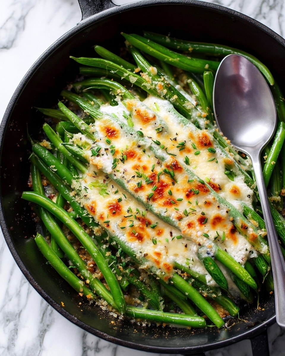 The image shows a black skillet filled with fresh green beans arranged in a neat layer at the bottom. On top of the green beans is a thick layer of melted white cheese, with a slightly browned, bubbly texture in places. Small orange and green specks of seasoning or herbs are sprinkled over the cheese, adding a touch of color. A shiny silver spoon is resting on the right side inside the skillet. The background is a white marbled texture. photo taken with an iphone --ar 4:5 --v 7