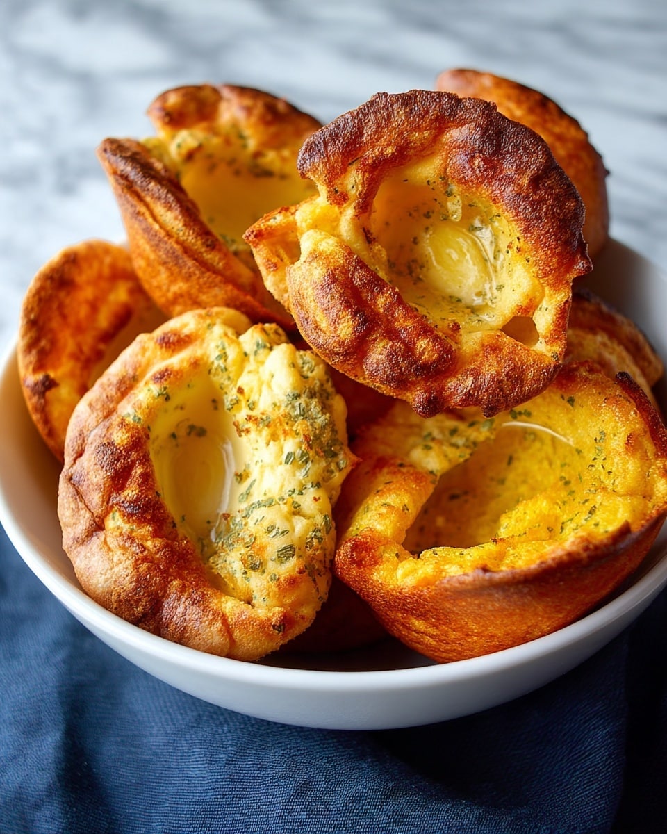 A white bowl filled with several golden brown Yorkshire puddings, each with an open center showing a smooth, slightly yellow inside. The puddings have a crispy outer edge with a fluffy, airy texture inside, some speckled with herbs adding green spots to the light yellow dough. The bowl sits on a white marbled surface with a dark blue cloth partially under it. Photo taken with an iphone --ar 4:5 --v 7