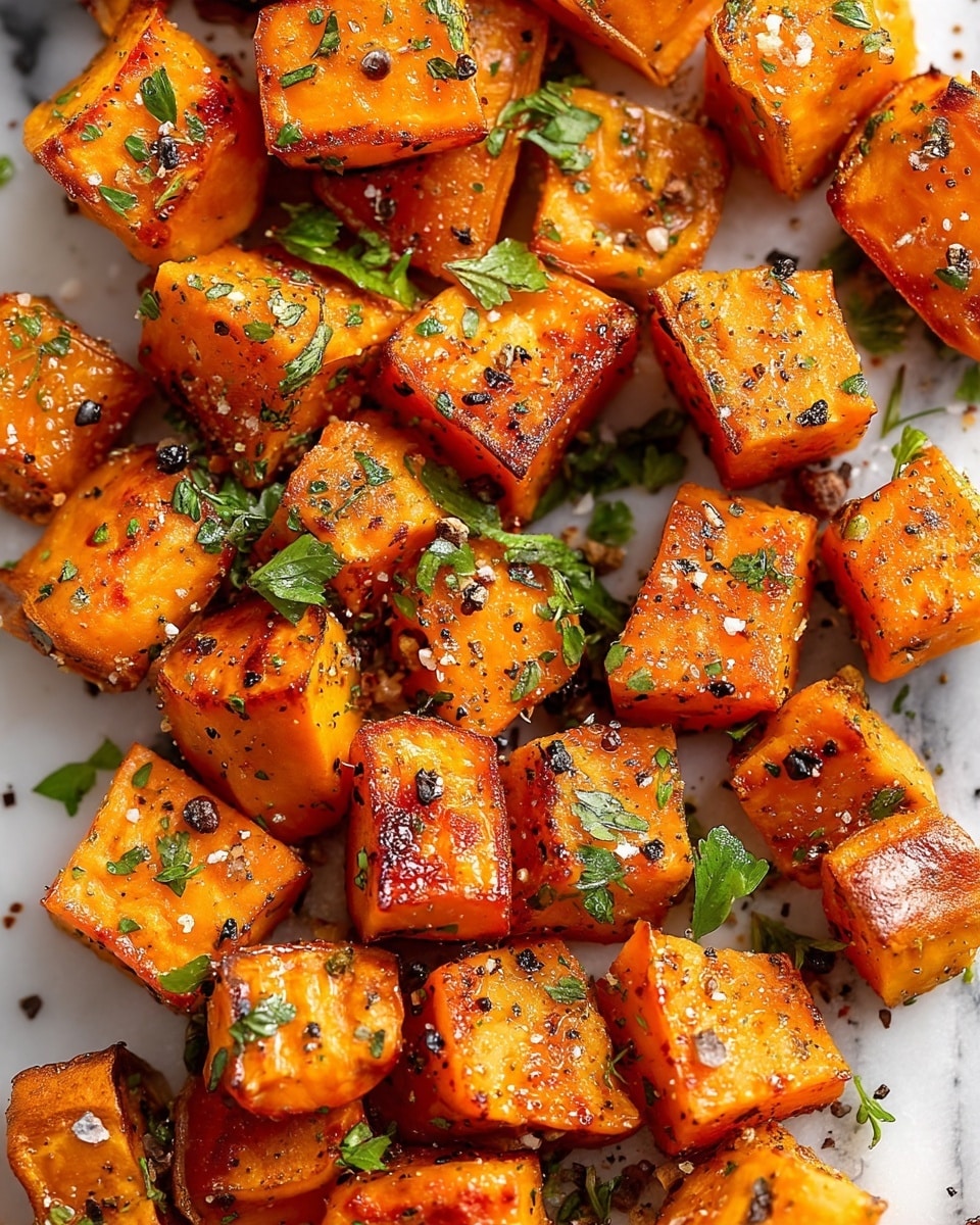 The image shows a close-up view of multiple roasted sweet potato cubes, each piece golden orange with slightly browned edges and skins still on some cubes. The cubes are evenly coated with small green herb bits scattered on top, along with visible black pepper flakes and coarse salt crystals. The texture of the sweet potatoes looks crisp on the outside yet tender inside, piled closely together, filling the frame with a warm and inviting color palette. The background is a white marbled texture. photo taken with an iphone --ar 4:5 --v 7