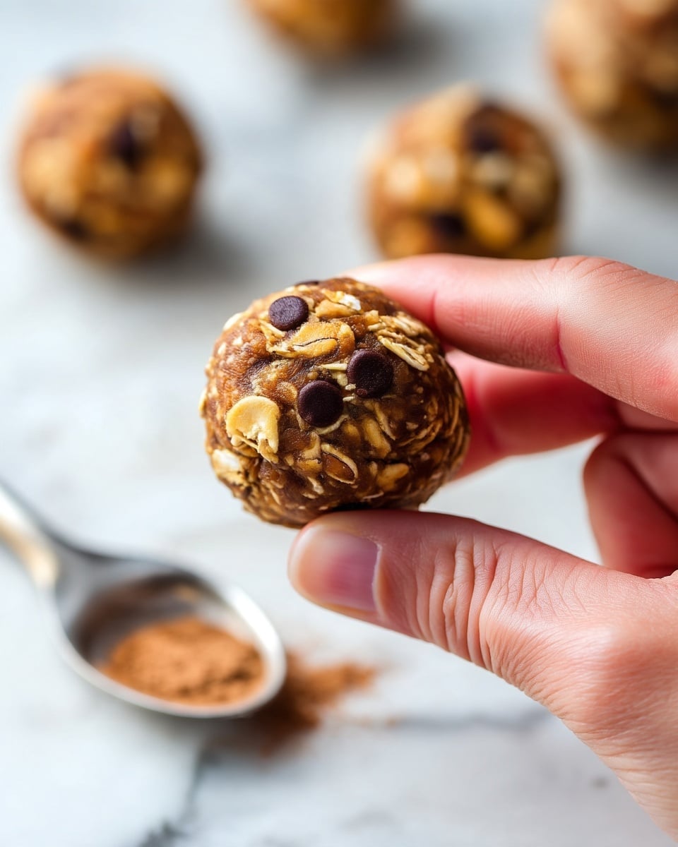 The image shows a rusty brown baking tray with a piece of parchment paper on top. On the parchment paper, there are nine round balls made of oats and chocolate chips, showing a rough, textured surface with dark spots of chocolate. A metal spoon filled with a brown powder, possibly a spice, rests near the bottom left corner of the tray. At the top of the tray, there are two small pumpkins: one white and one orange, both with smooth ribbed skin and visible stems. The whole setup is placed on a white marbled surface. photo taken with an iphone --ar 4:5 --v 7