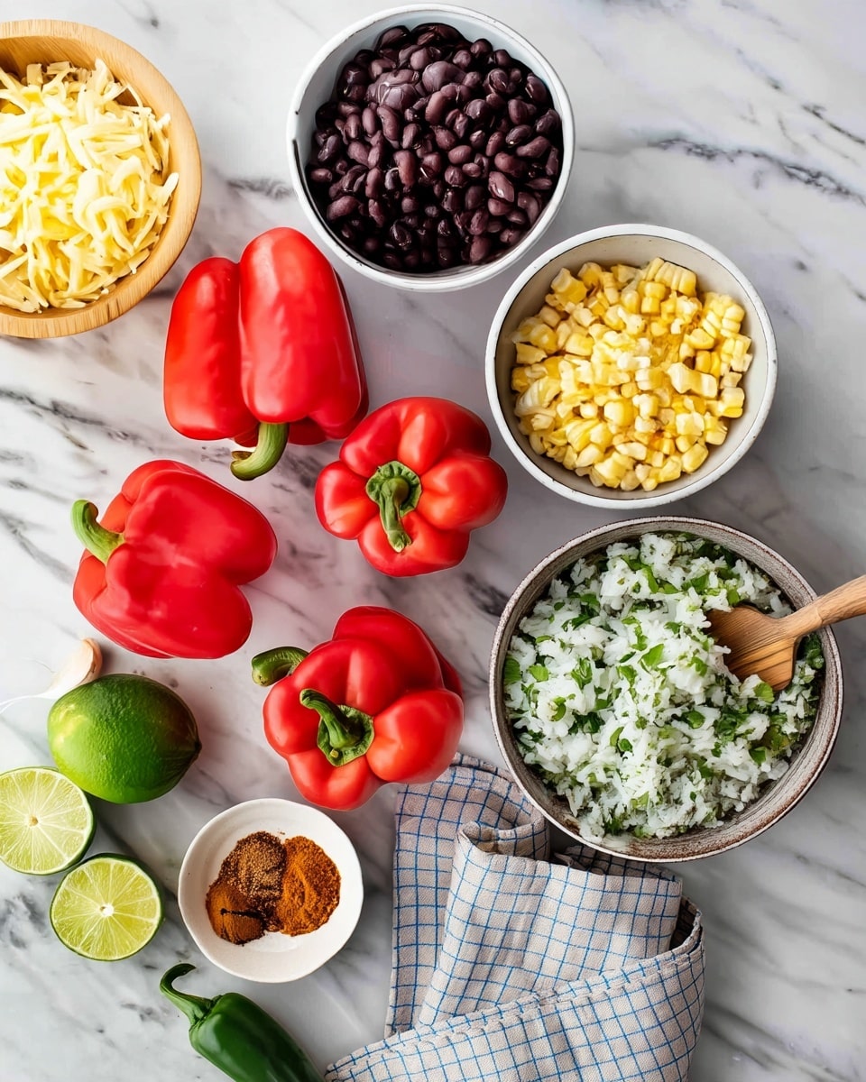 The image shows four bright red bell peppers placed on a white marbled surface in a loose cluster, with a bowl of black beans in a white bowl at the top center and a bowl of yellow corn kernels in a white bowl to the right of the beans. To the right bottom, there is a bowl filled with white rice mixed with green herbs, and a wooden spoon is resting inside the bowl. On the left side of the image, there is a wooden bowl filled with shredded cheese, and below it are two lime halves and a green jalapeño pepper. A small white plate containing three different brownish spice powders is also visible near the bottom center. A checkered blue and white cloth napkin is partially visible next to the rice bowl. The whole setup is arranged on a clean white marbled surface. Photo taken with an iphone --ar 4:5 --v 7