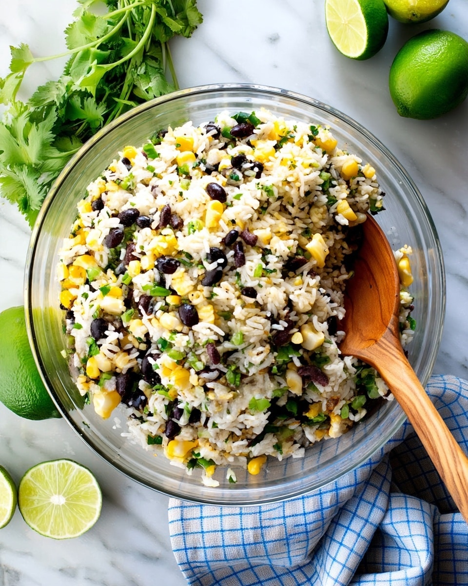 A large clear glass bowl filled with a colorful mix of white rice, black beans, yellow corn pieces, and small green vegetable bits, with the ingredients evenly spread throughout. A wooden spoon is placed inside the bowl on the right side, with its handle laying outwards. The bowl is sitting on a white marbled surface with a blue and white checkered cloth to the right and some fresh green cilantro and whole and halved limes on the left side. The scene is bright with natural light. photo taken with an iphone --ar 4:5 --v 7