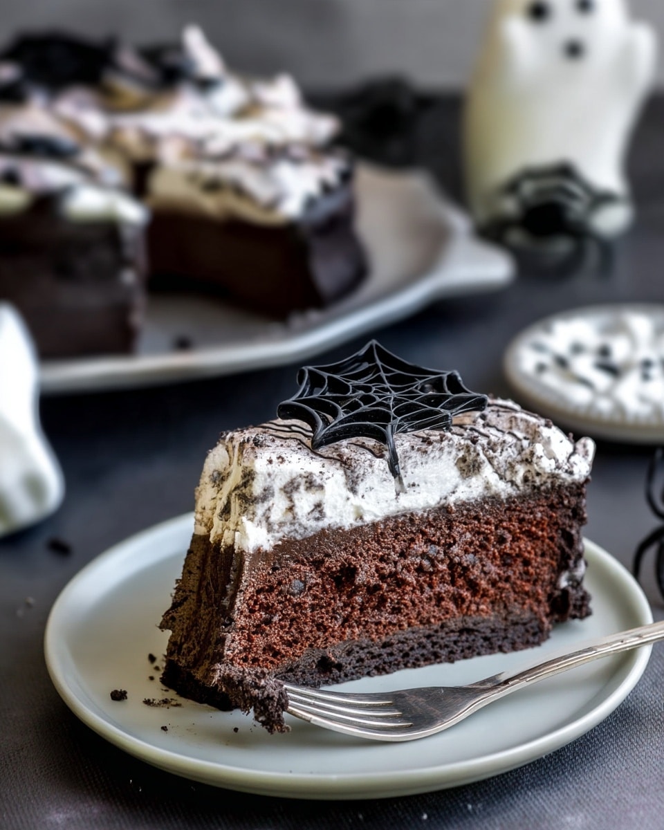 The image shows a dark chocolate cake with two clear layers: a thick, dense dark brown chocolate base and a thick white whipped cream top layer mixed with cookie crumbs giving it a speckled texture. The cream layer is decorated with small black plastic spiders and thin black chocolate drizzle in a web pattern. The cake sits on a round white plate with a few crumbs scattered around it. The background features a white marbled texture under soft lighting, creating a cozy atmosphere. Photo taken with an iphone --ar 4:5 --v 7