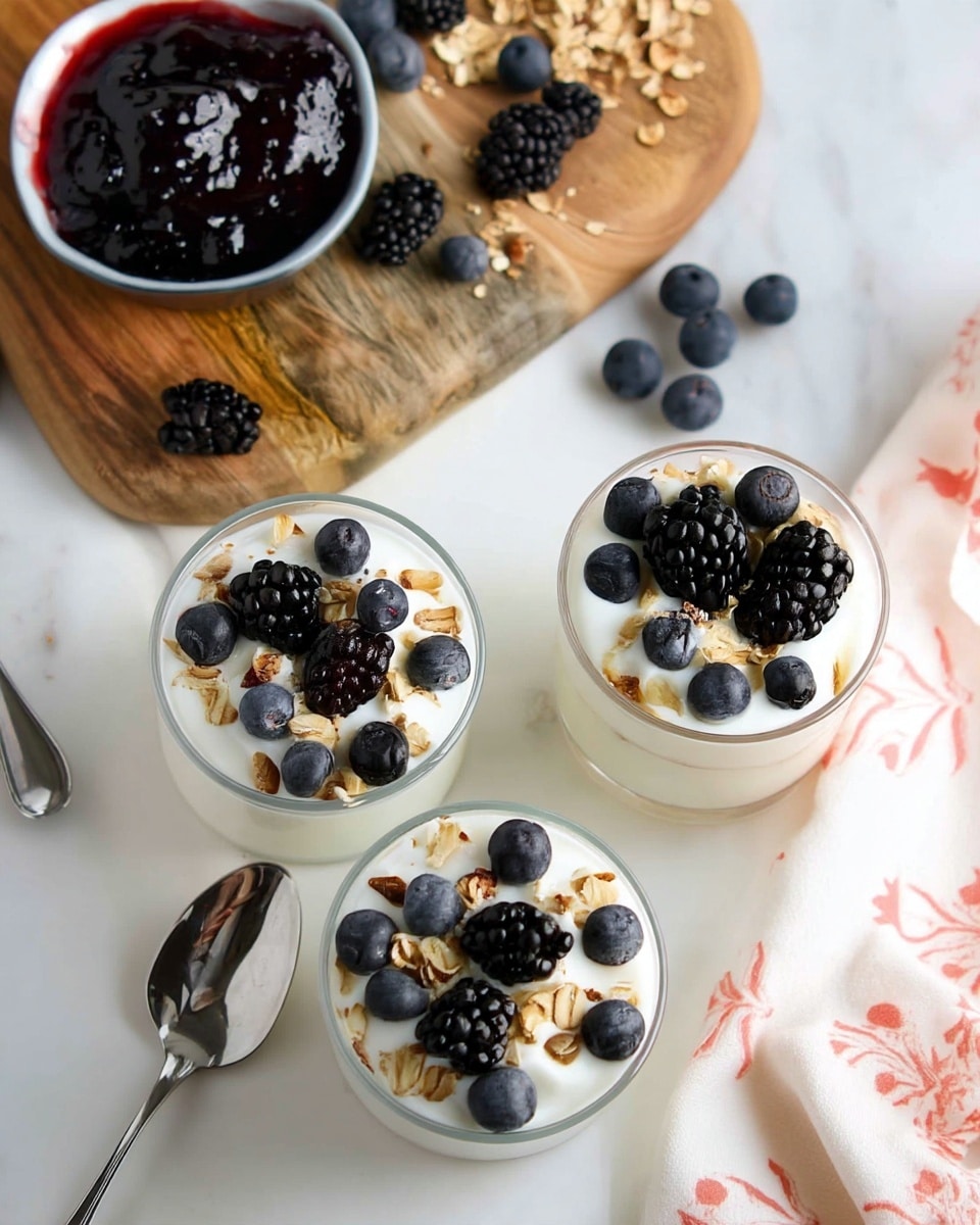 The image shows three clear glass cups filled with a smooth white yogurt base, each topped with a mix of dark blackberries, deep blue blueberries, and golden toasted oats scattered evenly on the surface. The cups are placed on a white marbled table, with three shiny silver spoons around them. To the top left, there is a wooden board holding a small white bowl filled with dark berry jam and a few scattered blackberries and blueberries, while a white cloth with coral-colored floral patterns lies to the right side. The scene is bright and clean, focusing on the fresh, natural textures and colors of the fruit and oats photo taken with an iphone --ar 4:5 --v 7